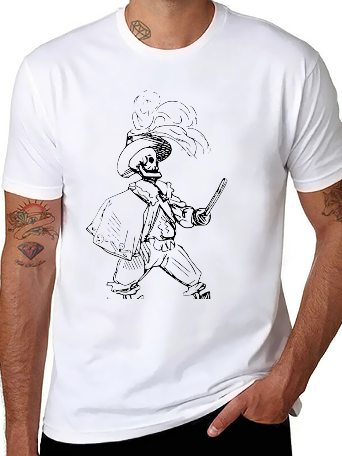 Black T-Shirt with Skeleton Musketeer Design