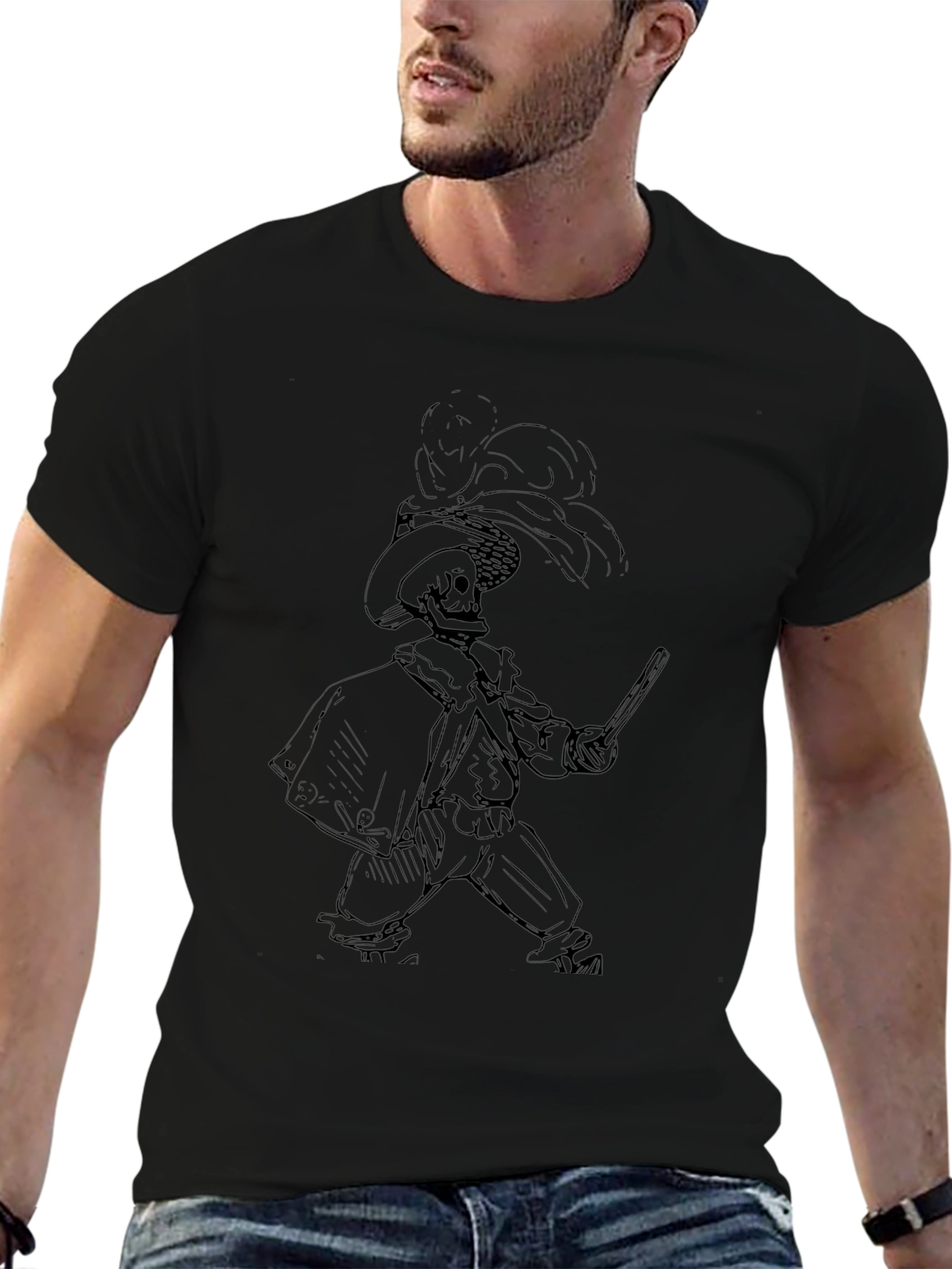 Black T-Shirt with Skeleton Musketeer Design
