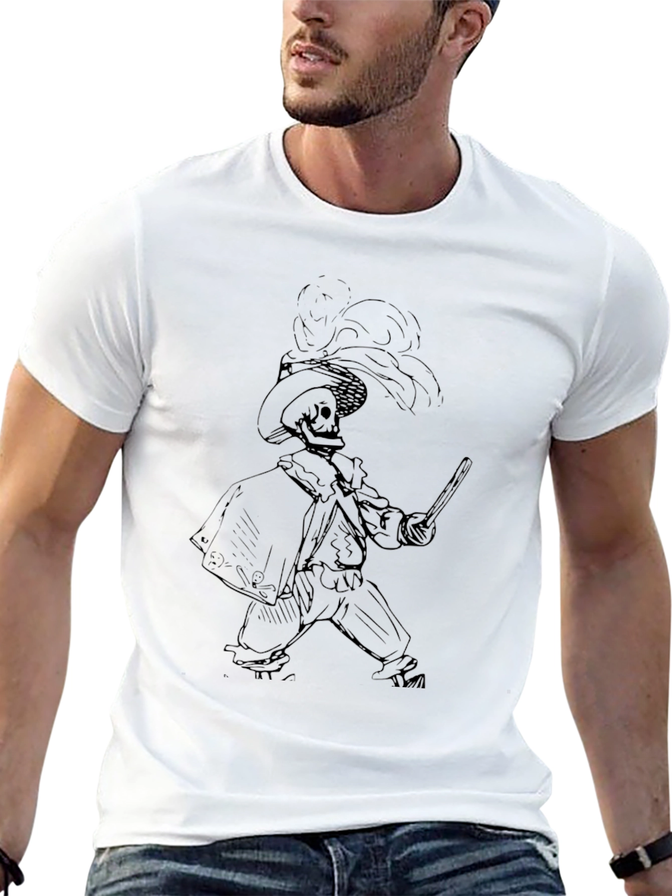 Black T-Shirt with Skeleton Musketeer Design