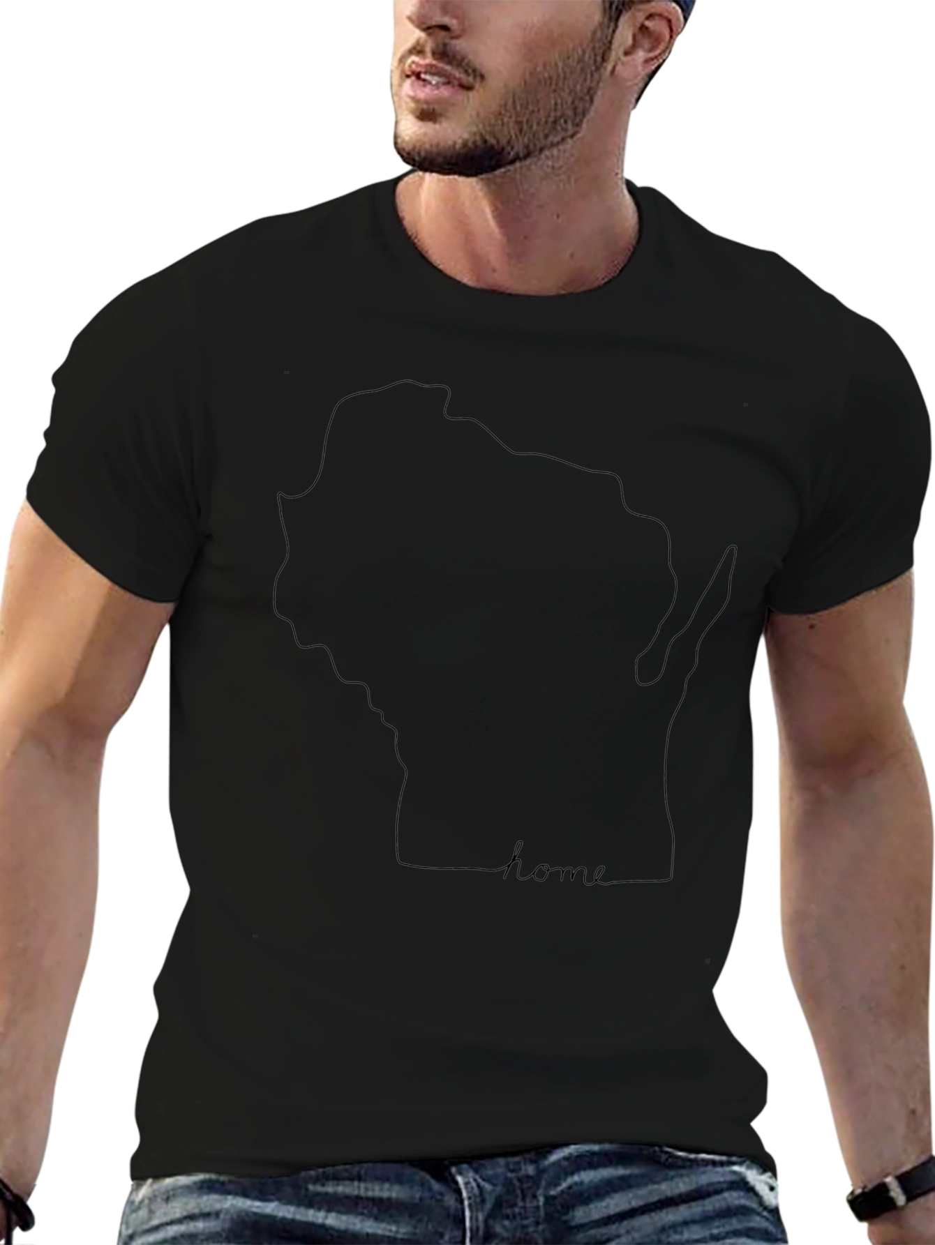 Wisconsin Home State Line Art Black T-Shirt