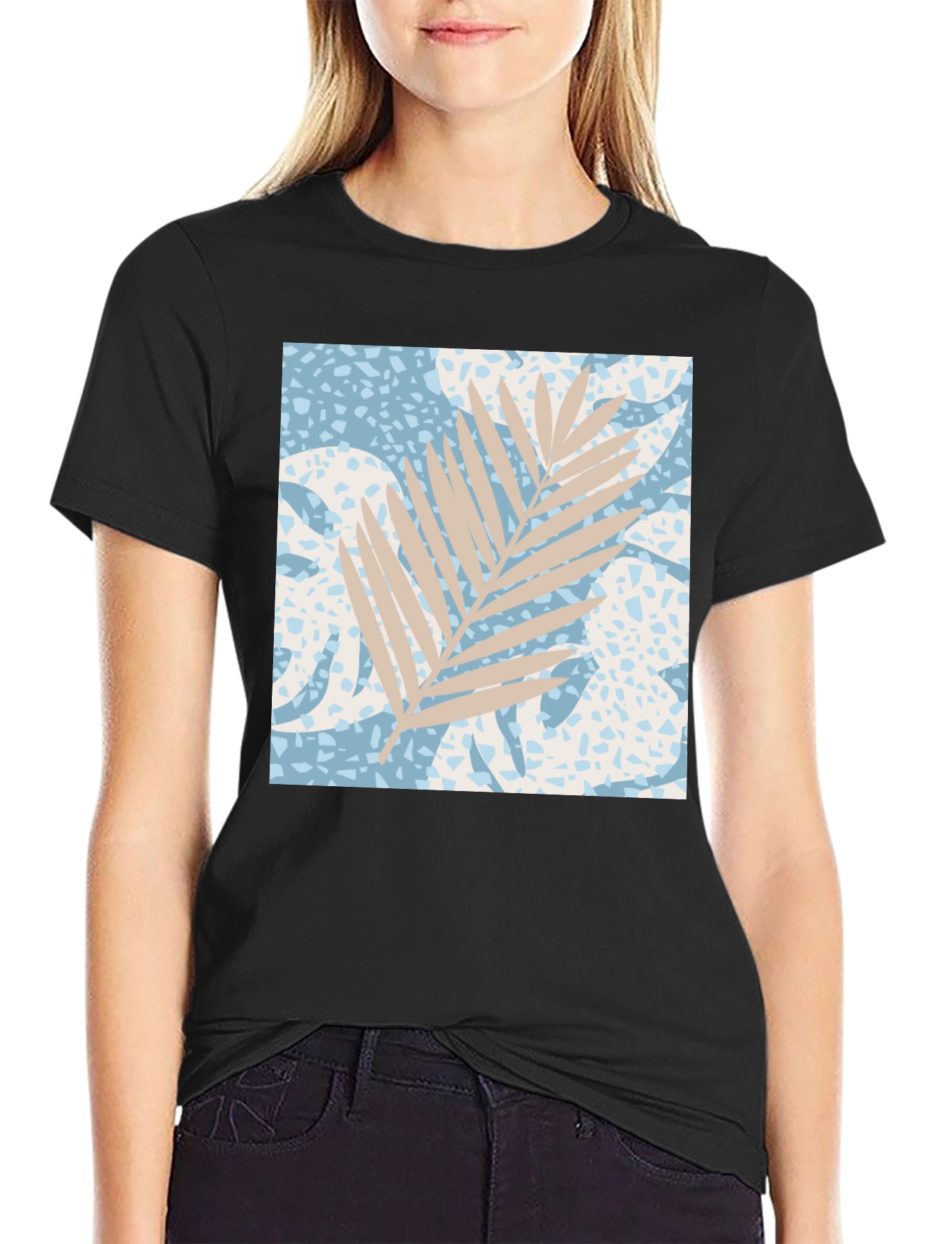 Tropical Leaf Print Black T-Shirt
