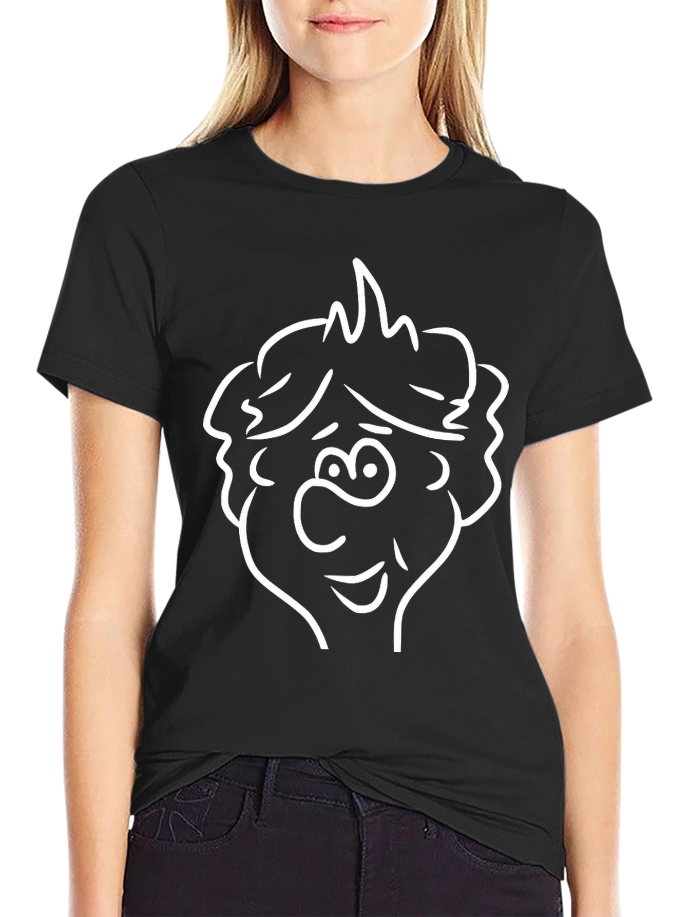 Cartoon Face T-Shirt - Black Crew Neck Tee