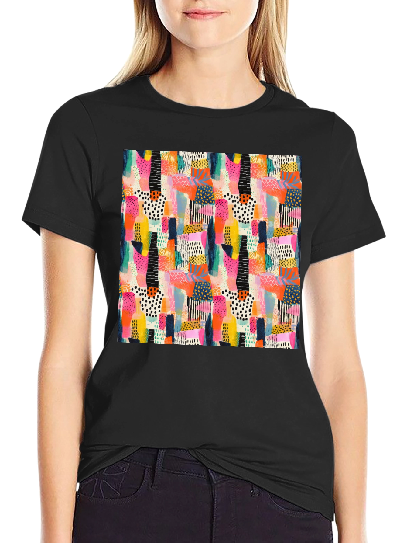 Abstract Pattern Black Crew Neck T-Shirt