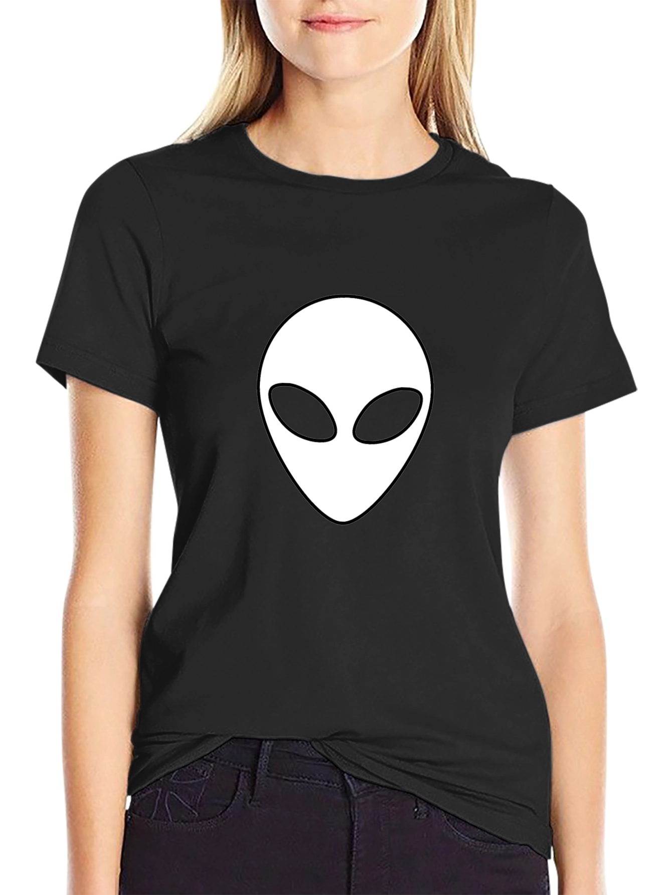 Alien Head Graphic Tee - Black Cotton T-Shirt