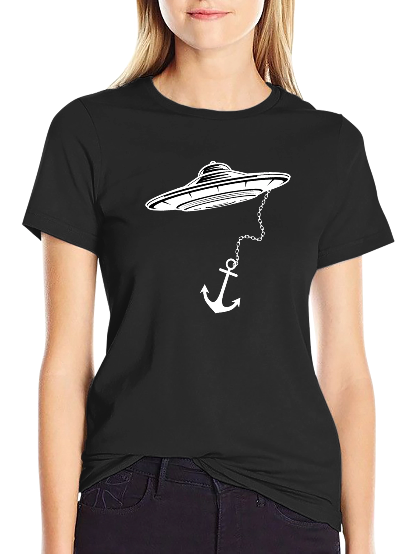 UFO Anchor Graphic Tee - Black Cotton T-Shirt