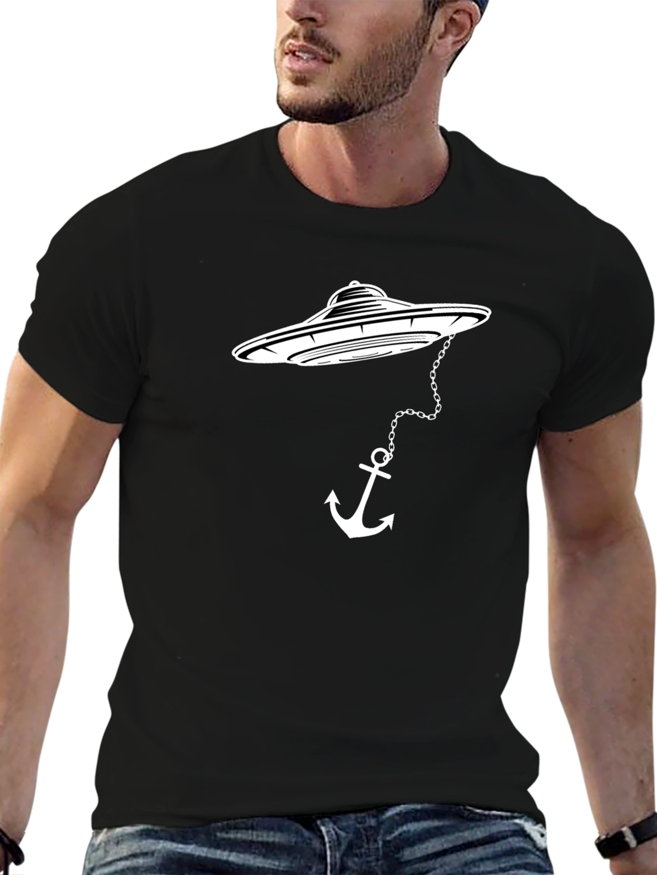 UFO Anchor Graphic Tee - Black Cotton T-Shirt