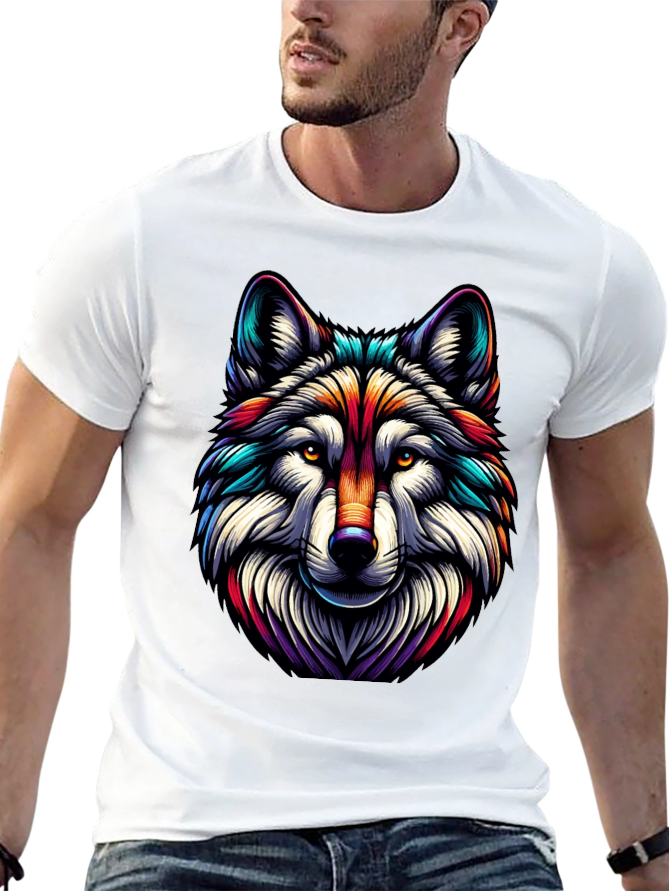 Vibrant Wolf Graphic Tee - Stylish Mens Black T-Shirt