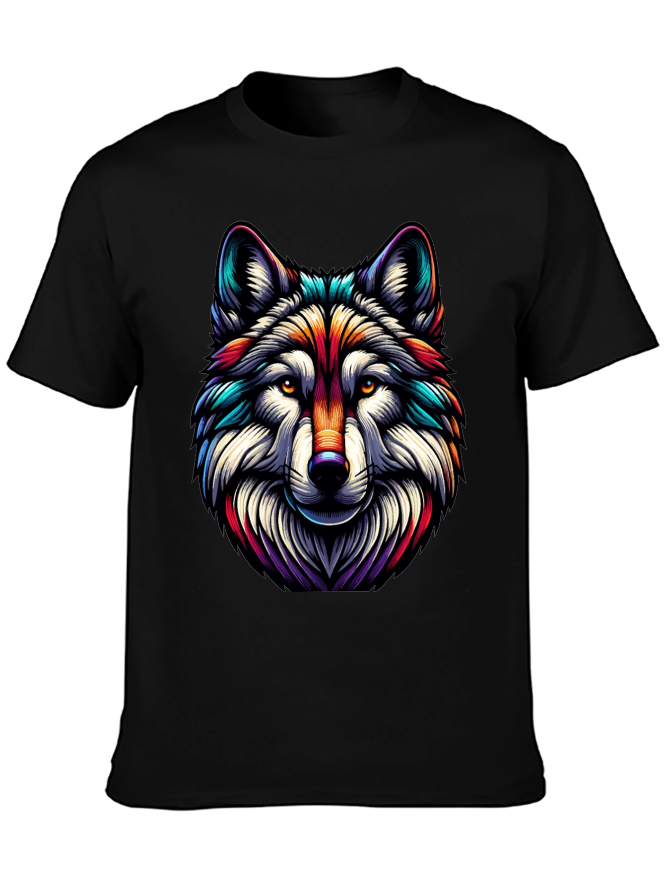 Vibrant Wolf Graphic Tee - Stylish Mens Black T-Shirt