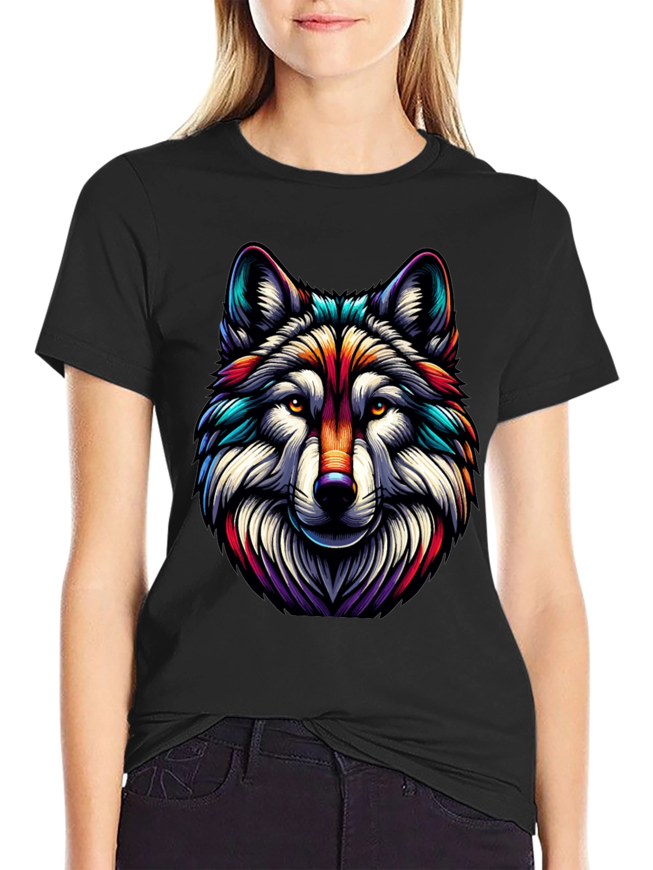 Vibrant Wolf Graphic Tee - Stylish Mens Black T-Shirt