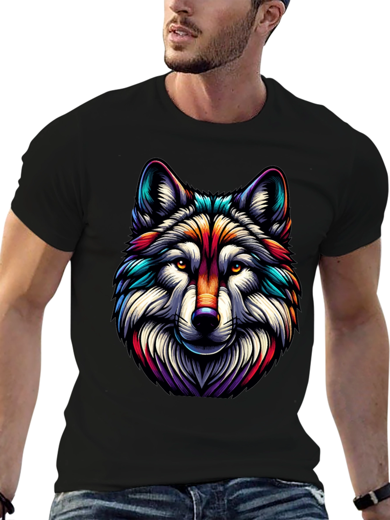 Vibrant Wolf Graphic Tee - Stylish Mens Black T-Shirt