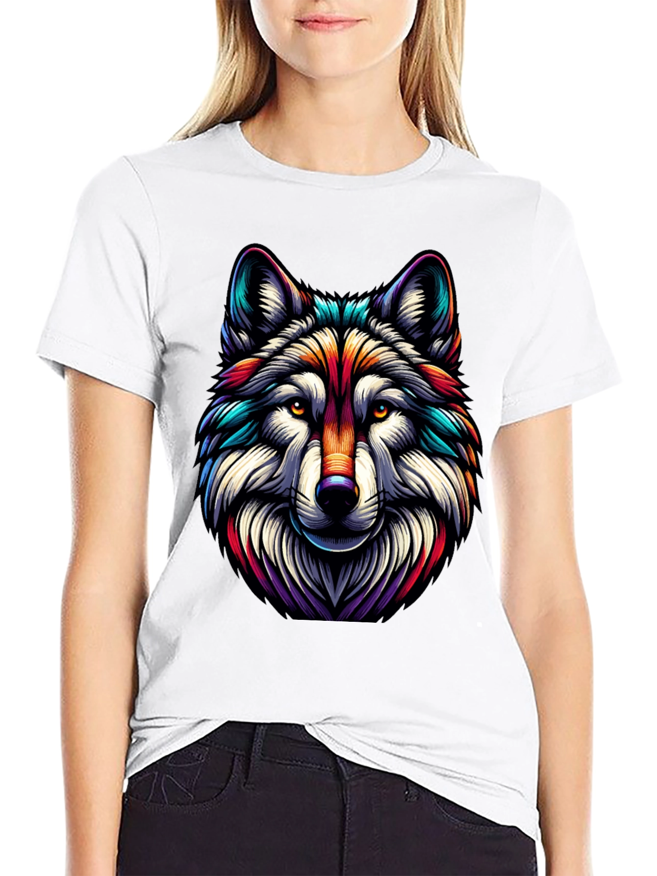 Vibrant Wolf Graphic Tee - Stylish Mens Black T-Shirt