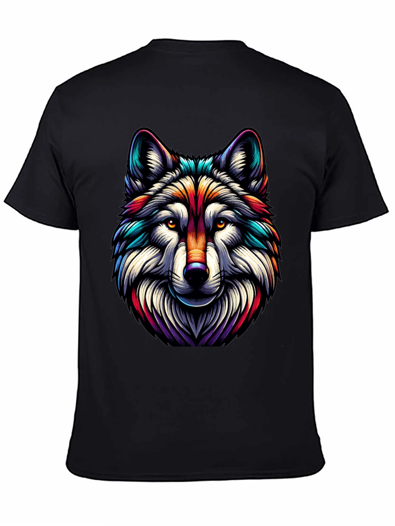 Vibrant Wolf Graphic Tee - Stylish Mens Black T-Shirt