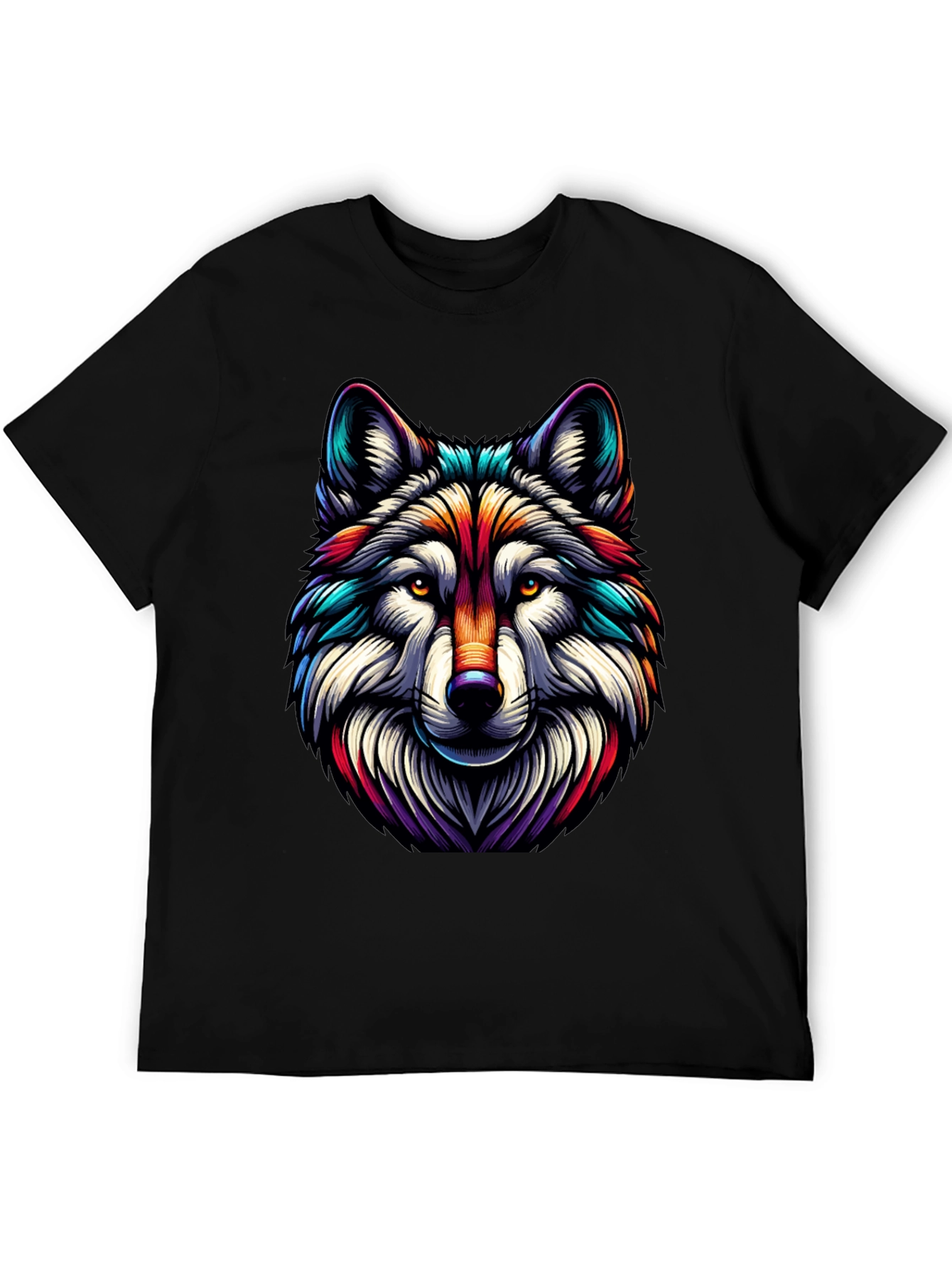 Vibrant Wolf Graphic Tee - Stylish Mens Black T-Shirt