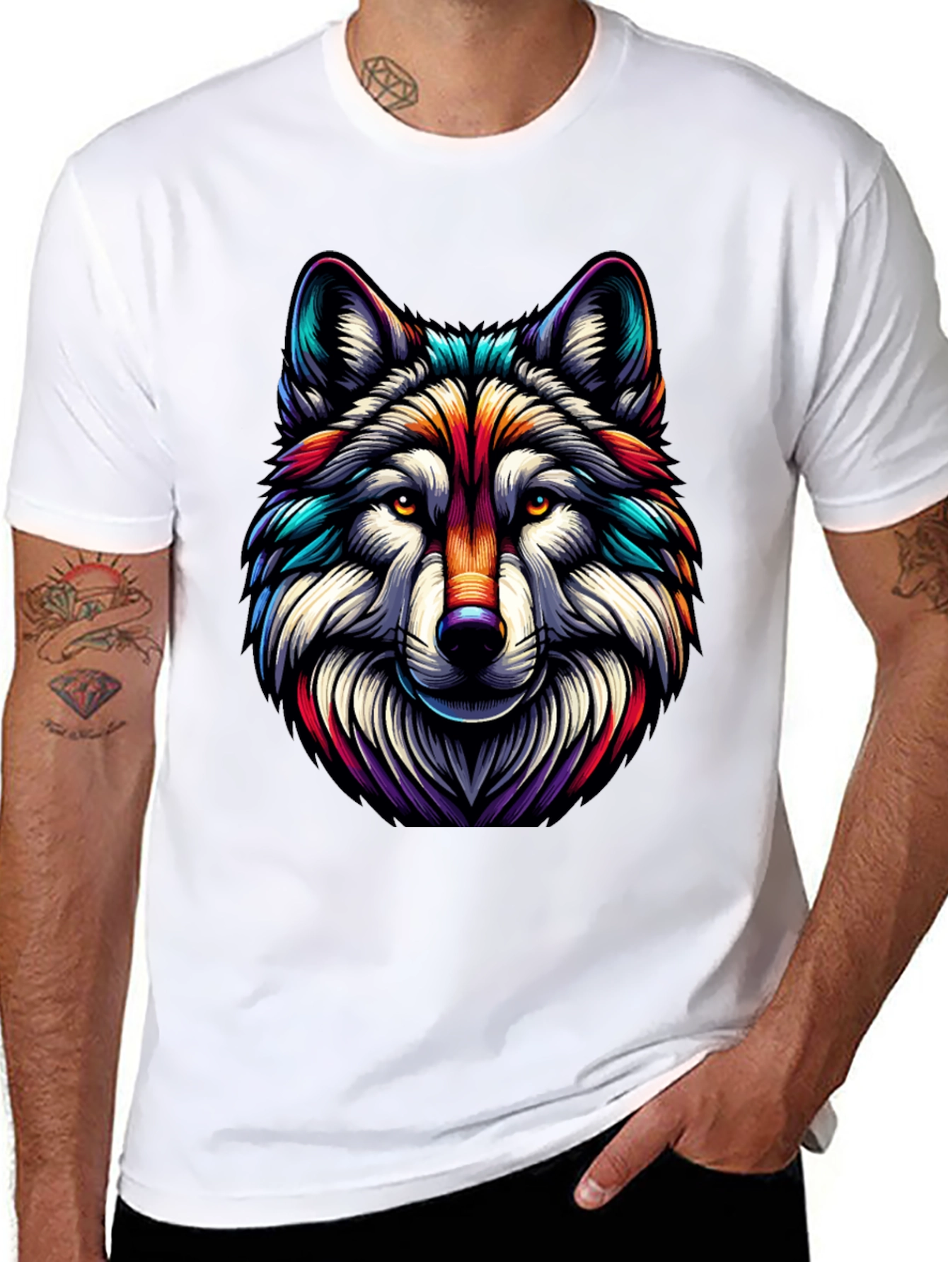 Vibrant Wolf Graphic Tee - Stylish Mens Black T-Shirt