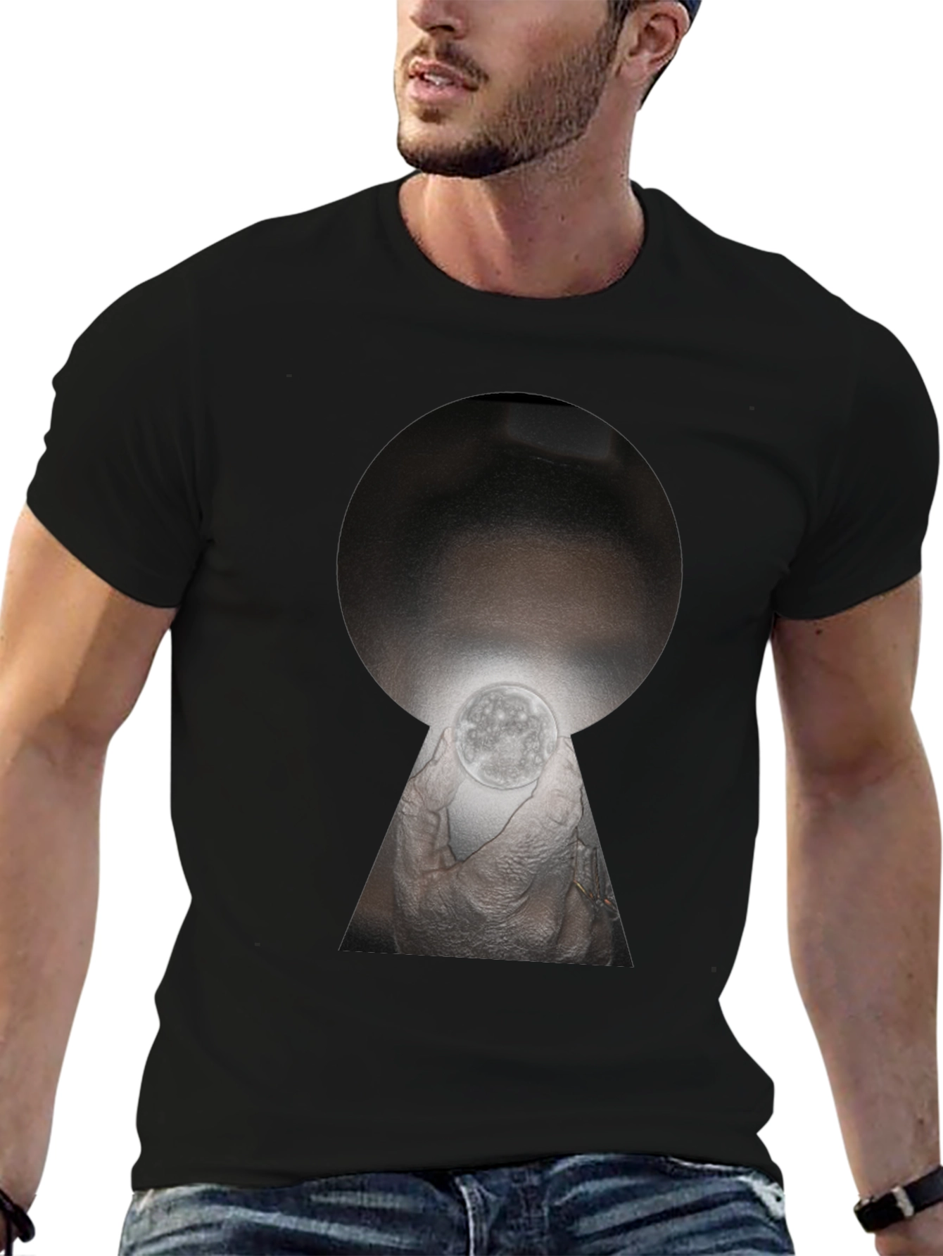 Unique Keyhole Moon Graphic T-Shirt