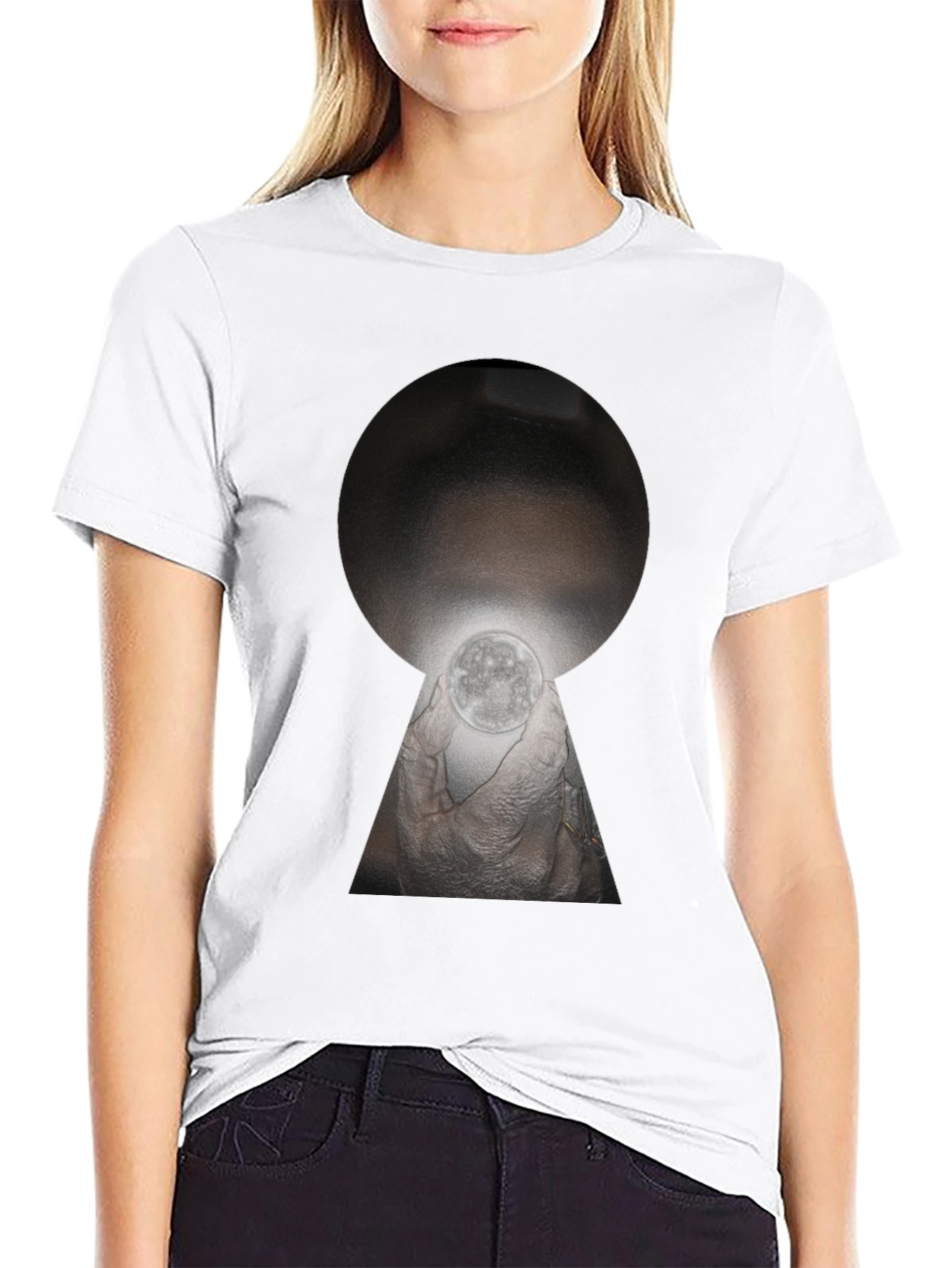 Unique Keyhole Moon Graphic T-Shirt