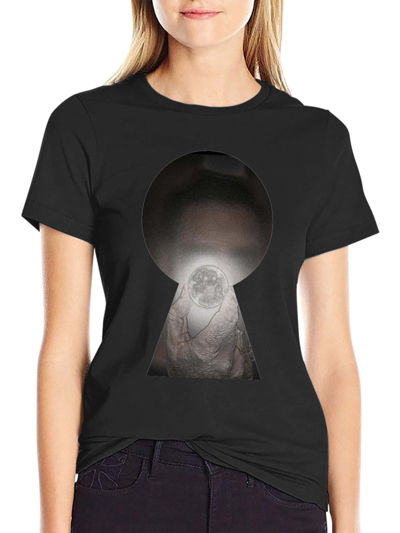 Unique Keyhole Moon Graphic T-Shirt