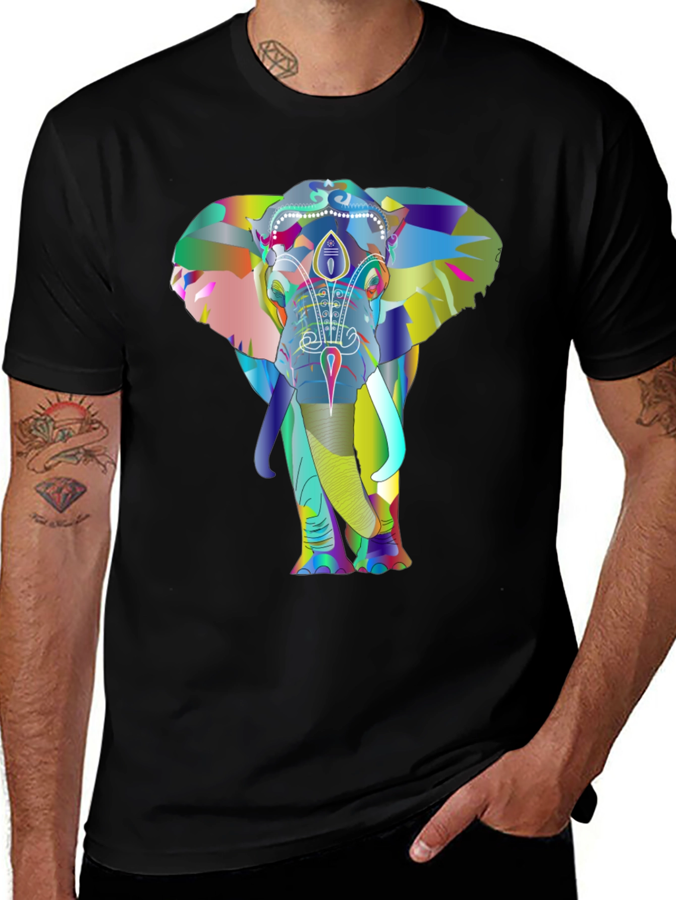 Vibrant Elephant Graphic Tee - Black Cotton T-Shirt