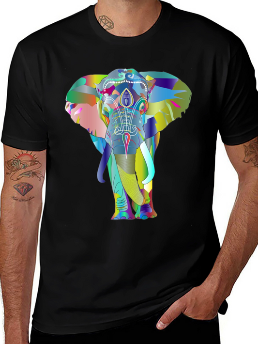Vibrant Elephant Graphic Tee - Black Cotton T-Shirt