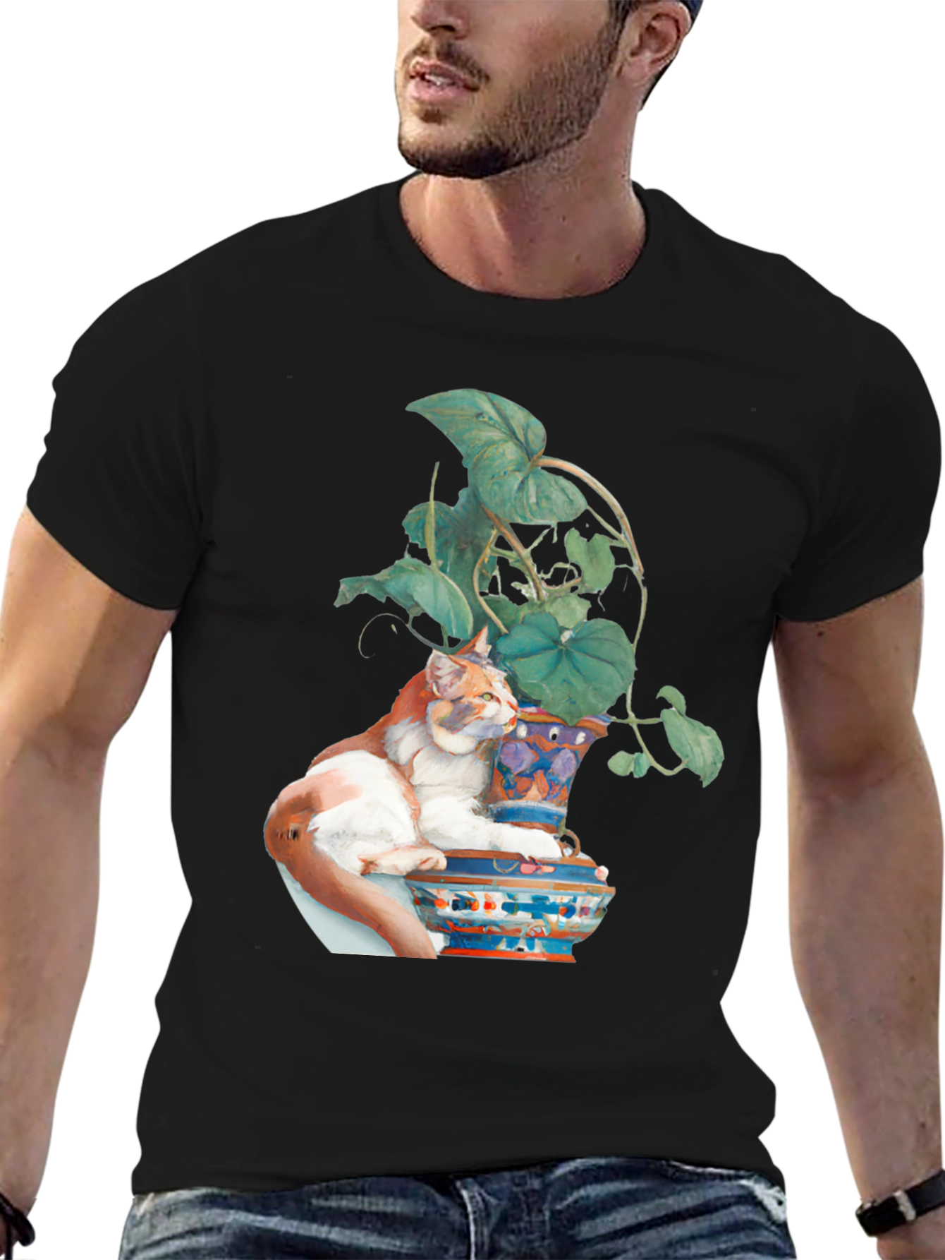 Cat on Vase T-Shirt - Unique Artistic Design
