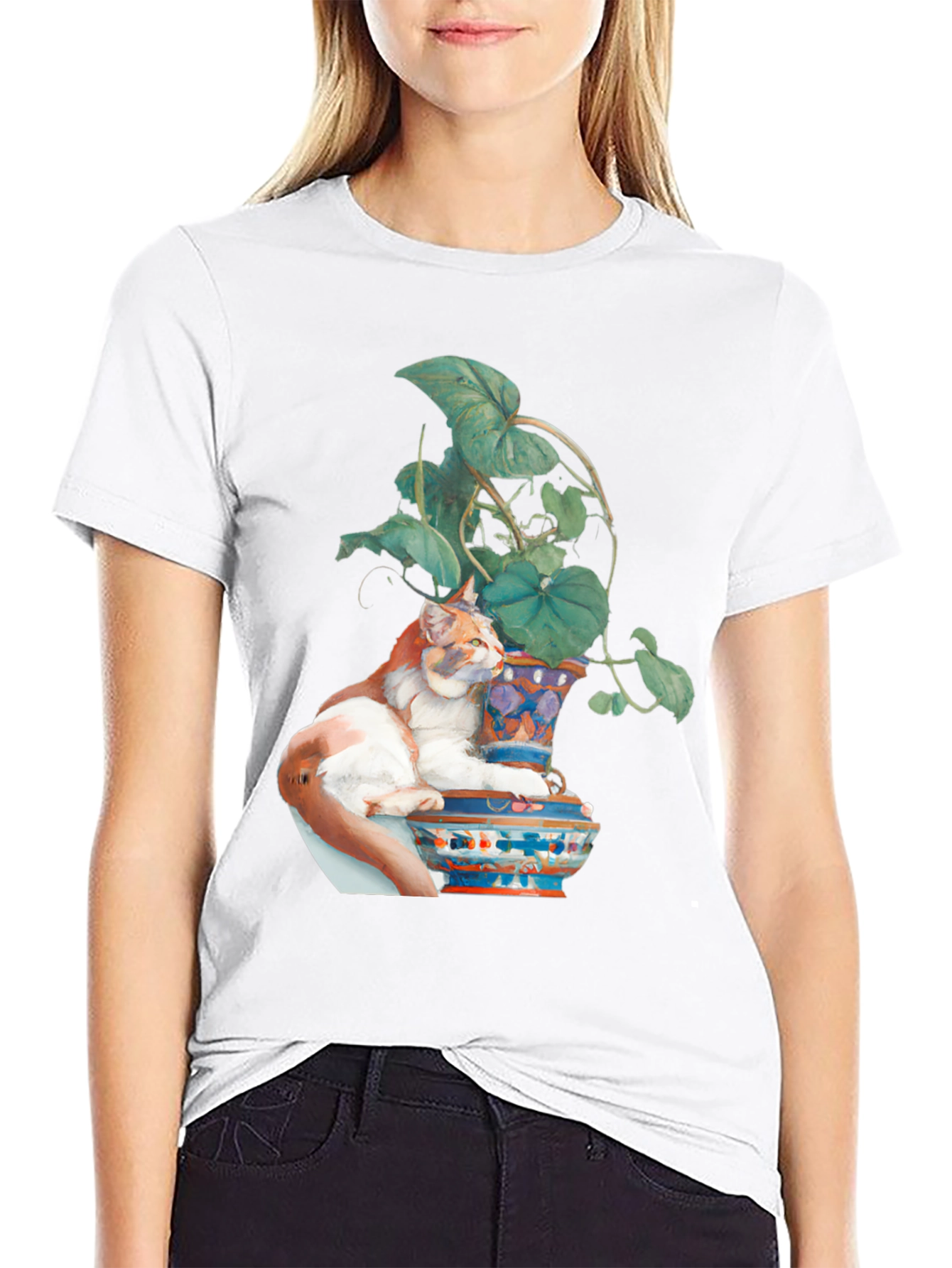 Cat on Vase T-Shirt - Unique Artistic Design