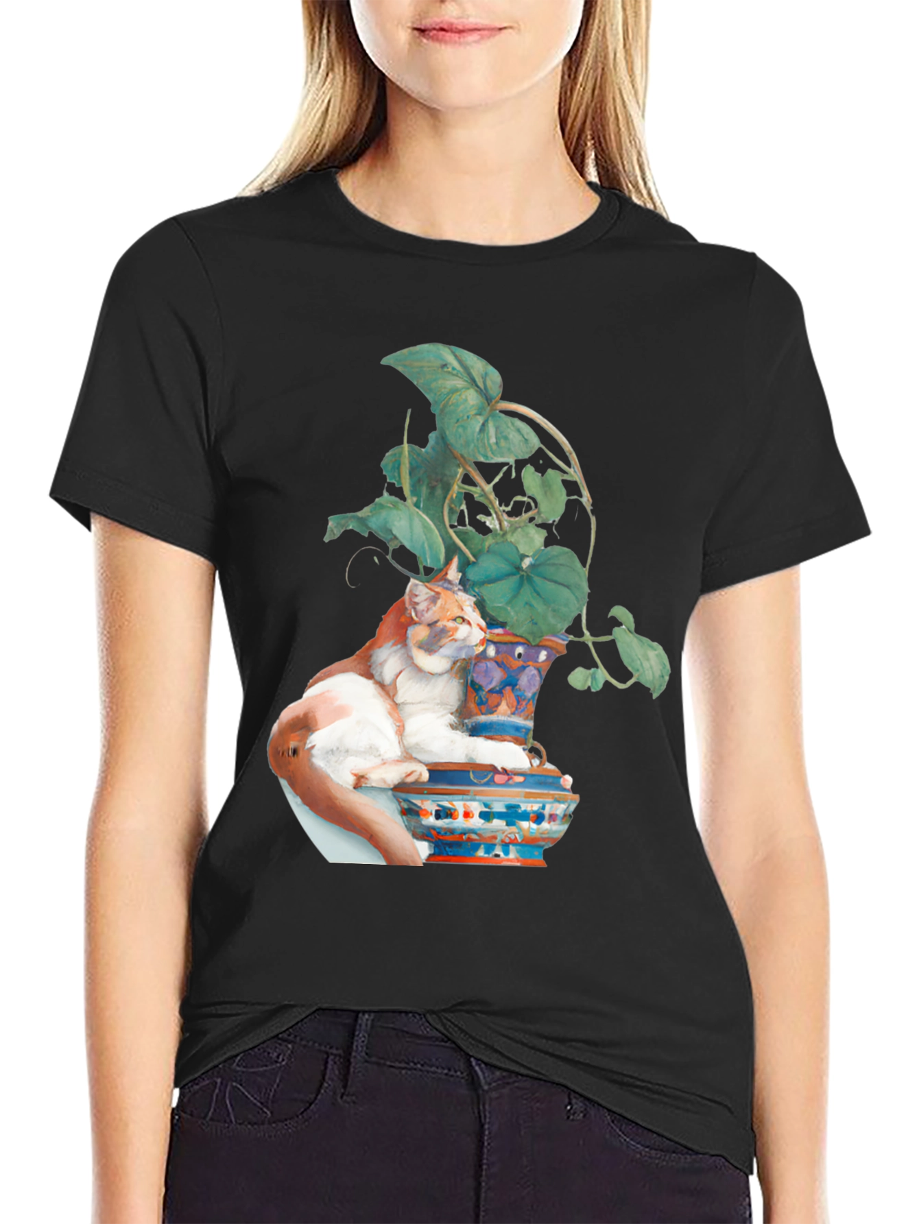 Cat on Vase T-Shirt - Unique Artistic Design