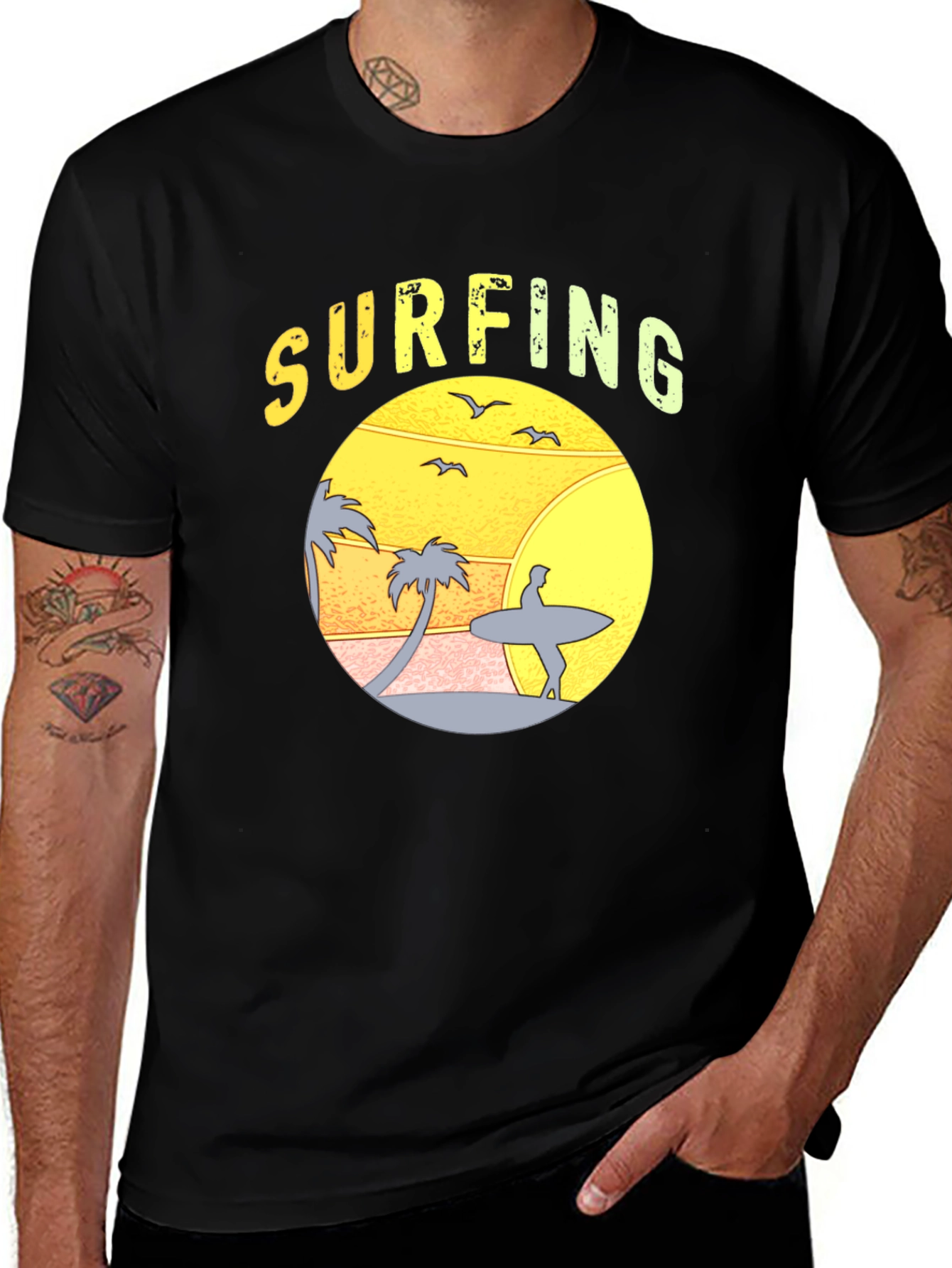 Surfing Sunset Graphic T-Shirt - Black