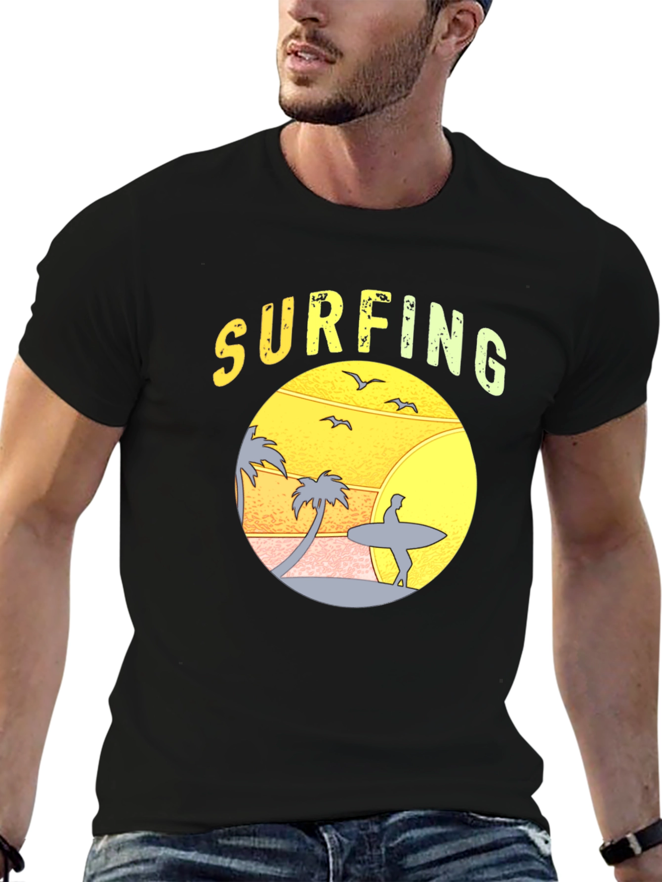 Surfing Sunset Graphic T-Shirt - Black