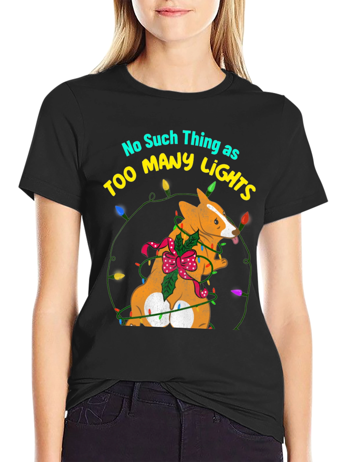 Too Many Lights Corgi Christmas Tee