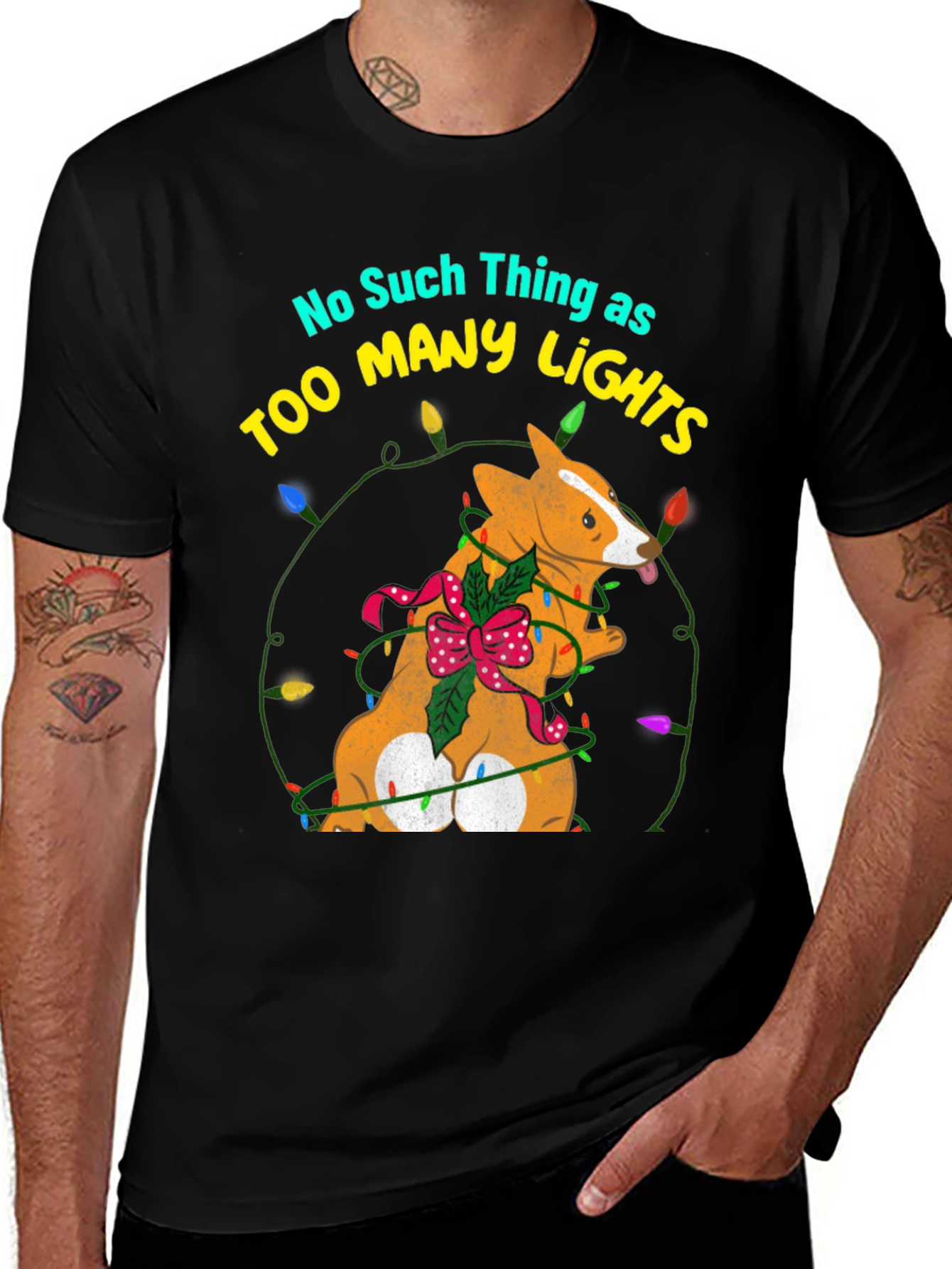 Too Many Lights Corgi Christmas Tee