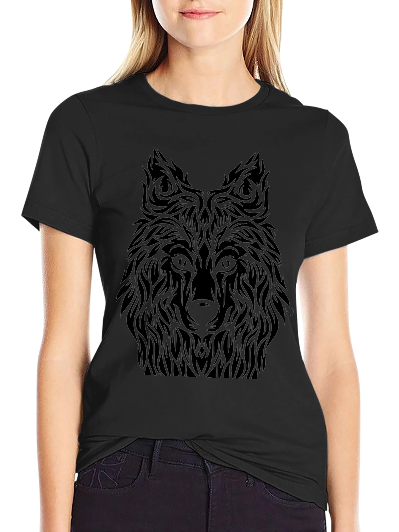 Black Wolf Graphic Tee - Tribal Design