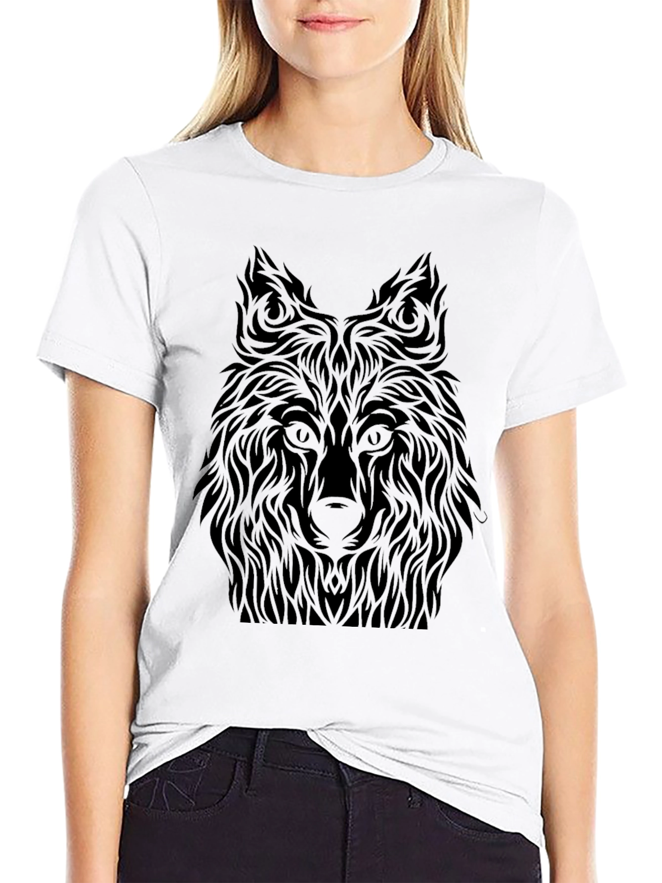 Black Wolf Graphic Tee - Tribal Design