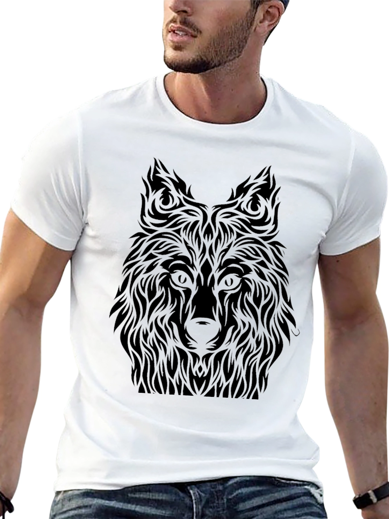 Black Wolf Graphic Tee - Tribal Design