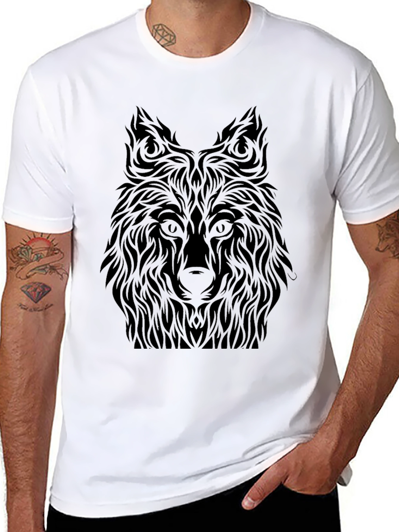 Black Wolf Graphic Tee - Tribal Design