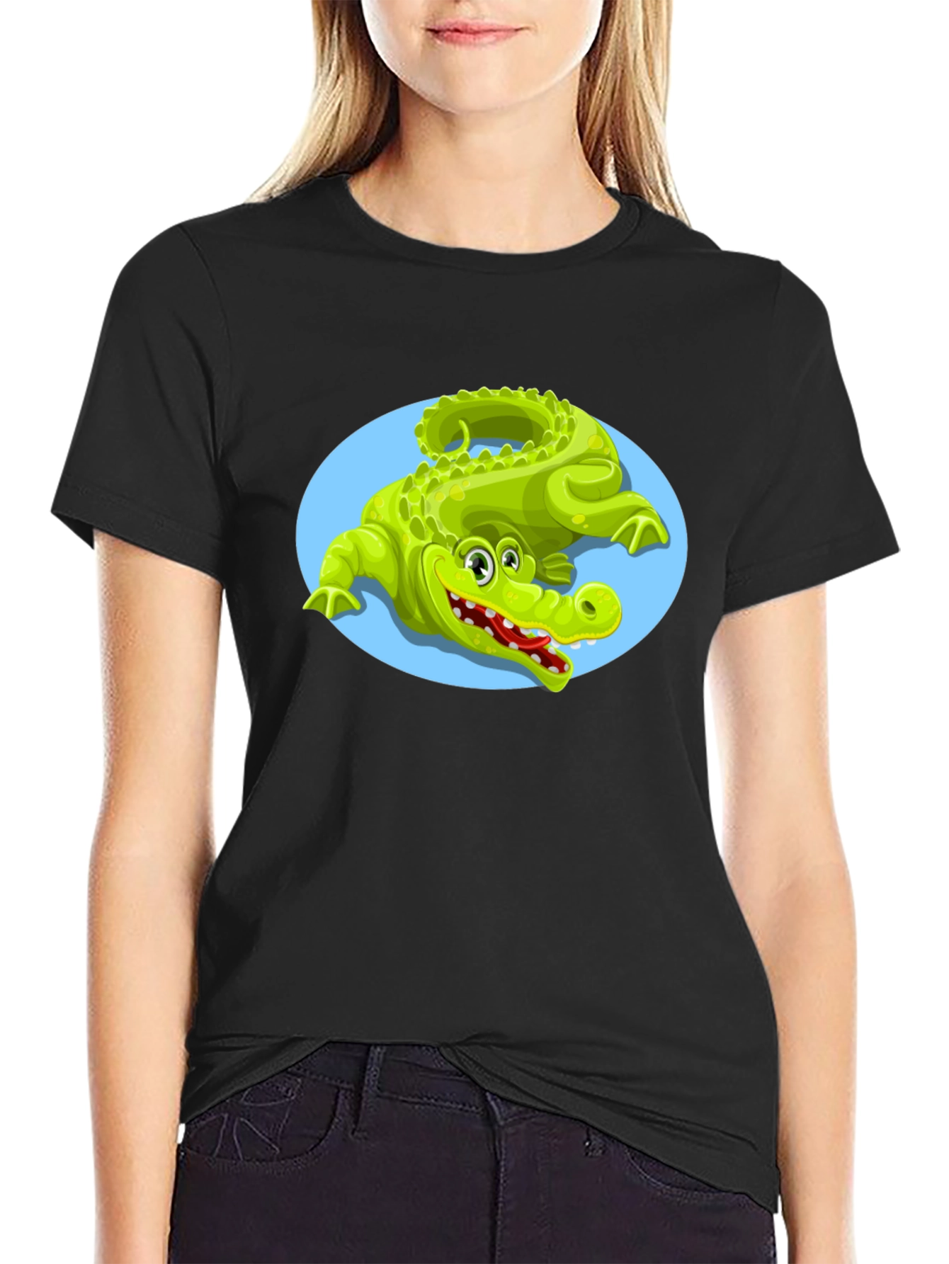 Cartoon Crocodile Graphic Tee - Unisex Black T-Shirt
