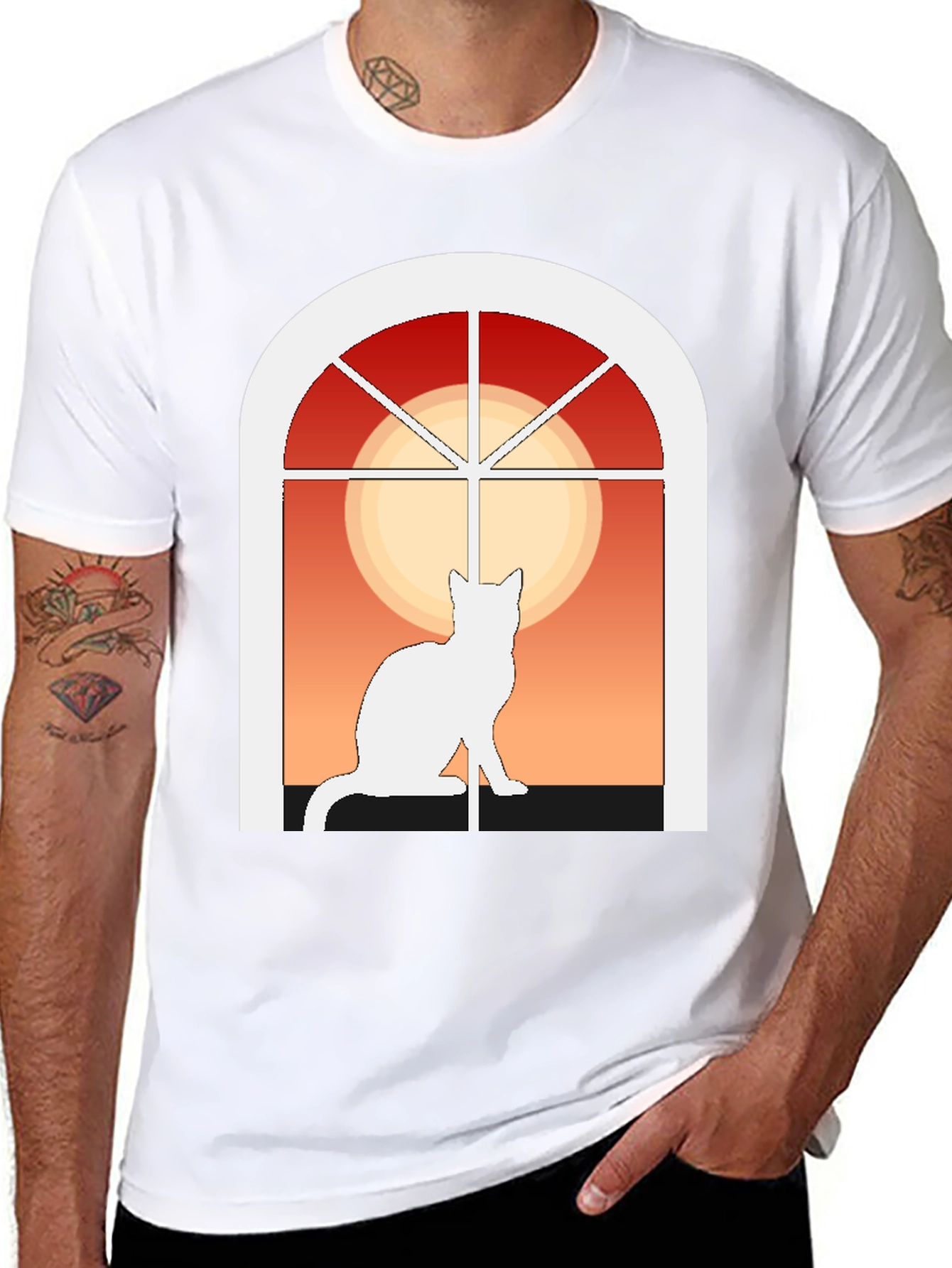 Cat Window Silhouette T-Shirt - Artistic Design