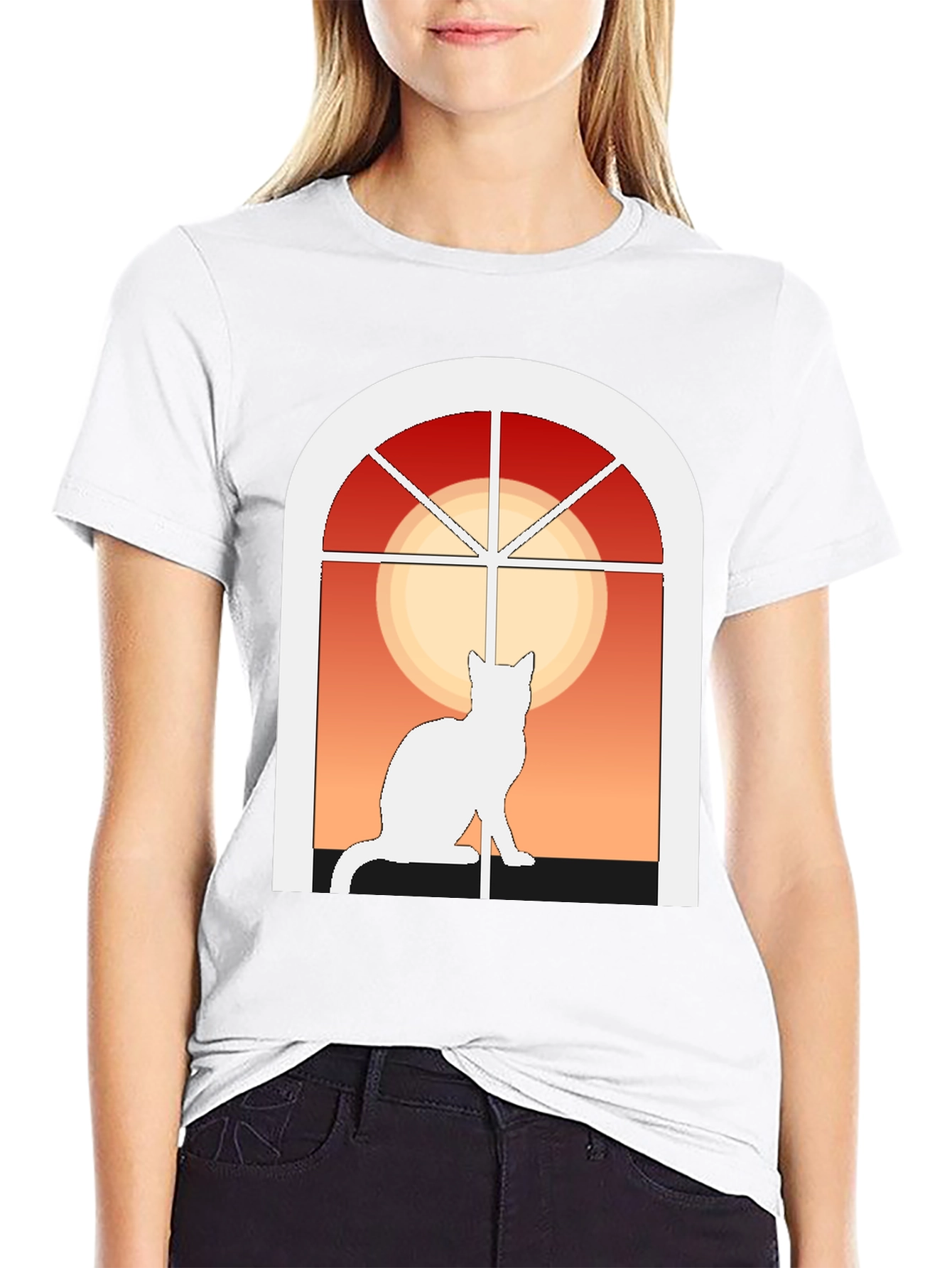 Cat Window Silhouette T-Shirt - Artistic Design
