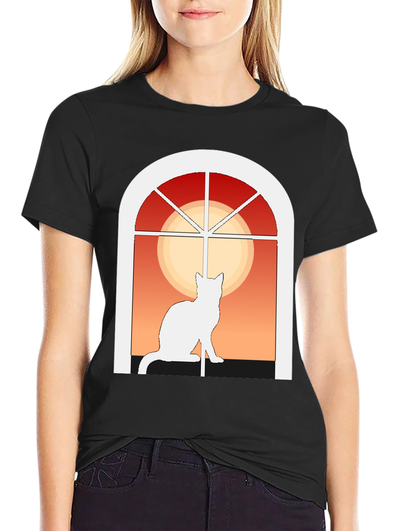 Cat Window Silhouette T-Shirt - Artistic Design