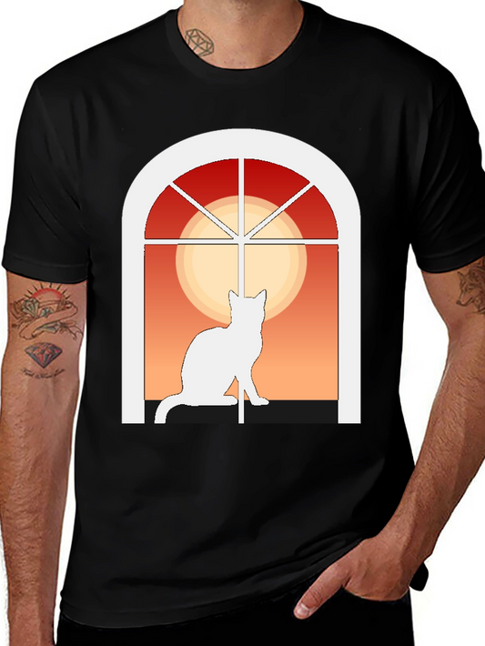 Cat Window Silhouette T-Shirt - Artistic Design