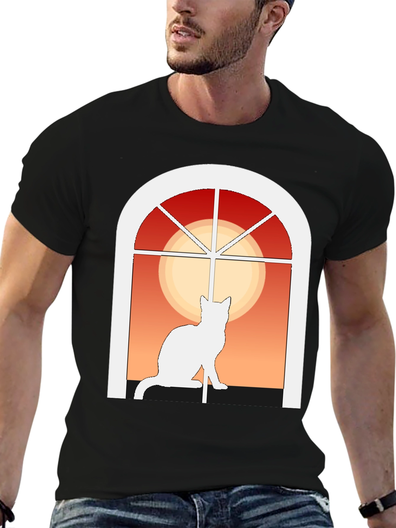 Cat Window Silhouette T-Shirt - Artistic Design