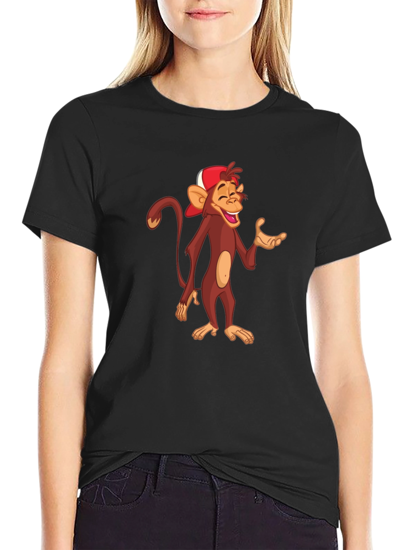 Cartoon Monkey Graphic T-Shirt - Casual Black Tee