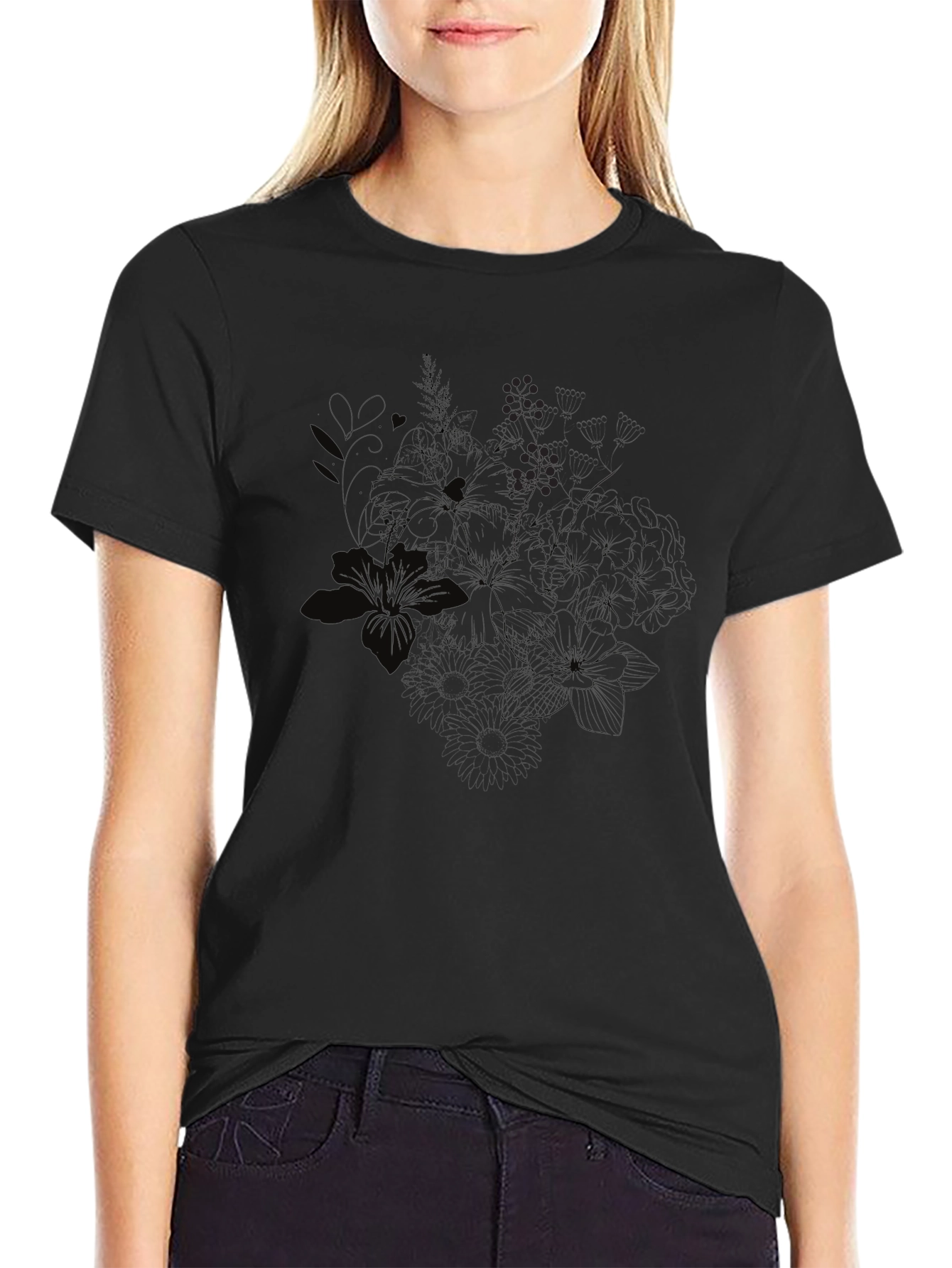 Black Floral Print Crew Neck T-Shirt
