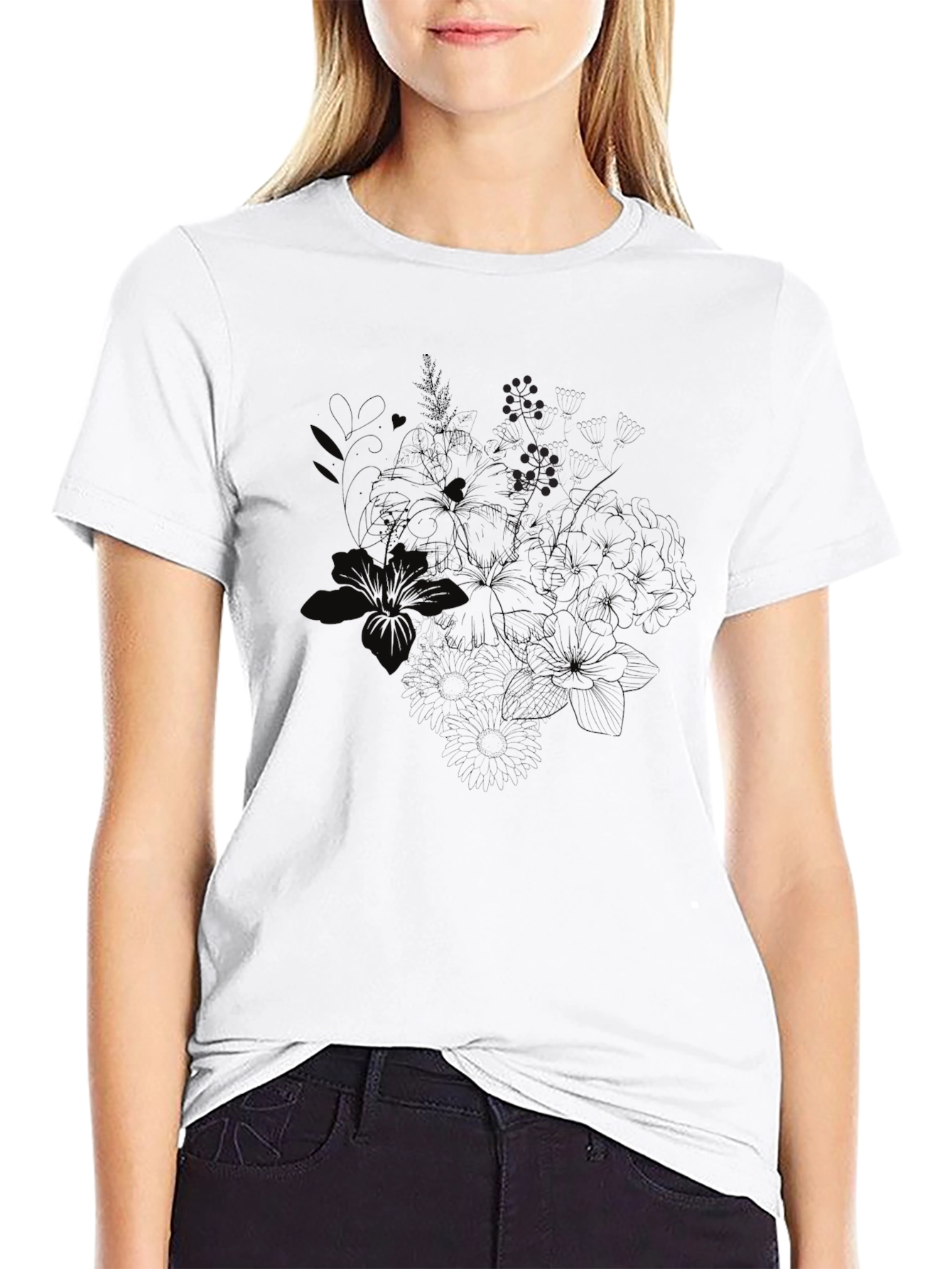 Black Floral Print Crew Neck T-Shirt