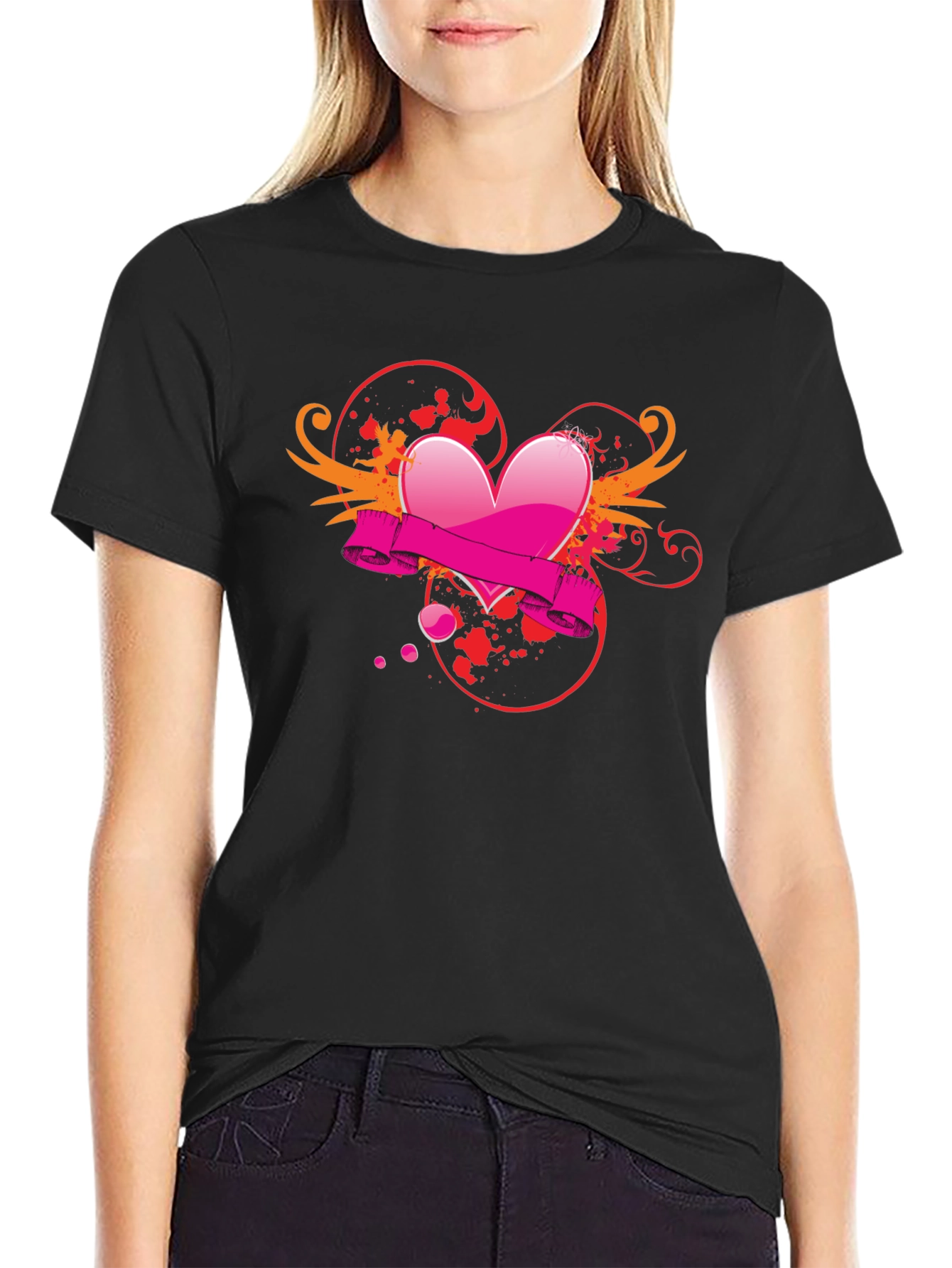 Black T-Shirt with Heart Graphic