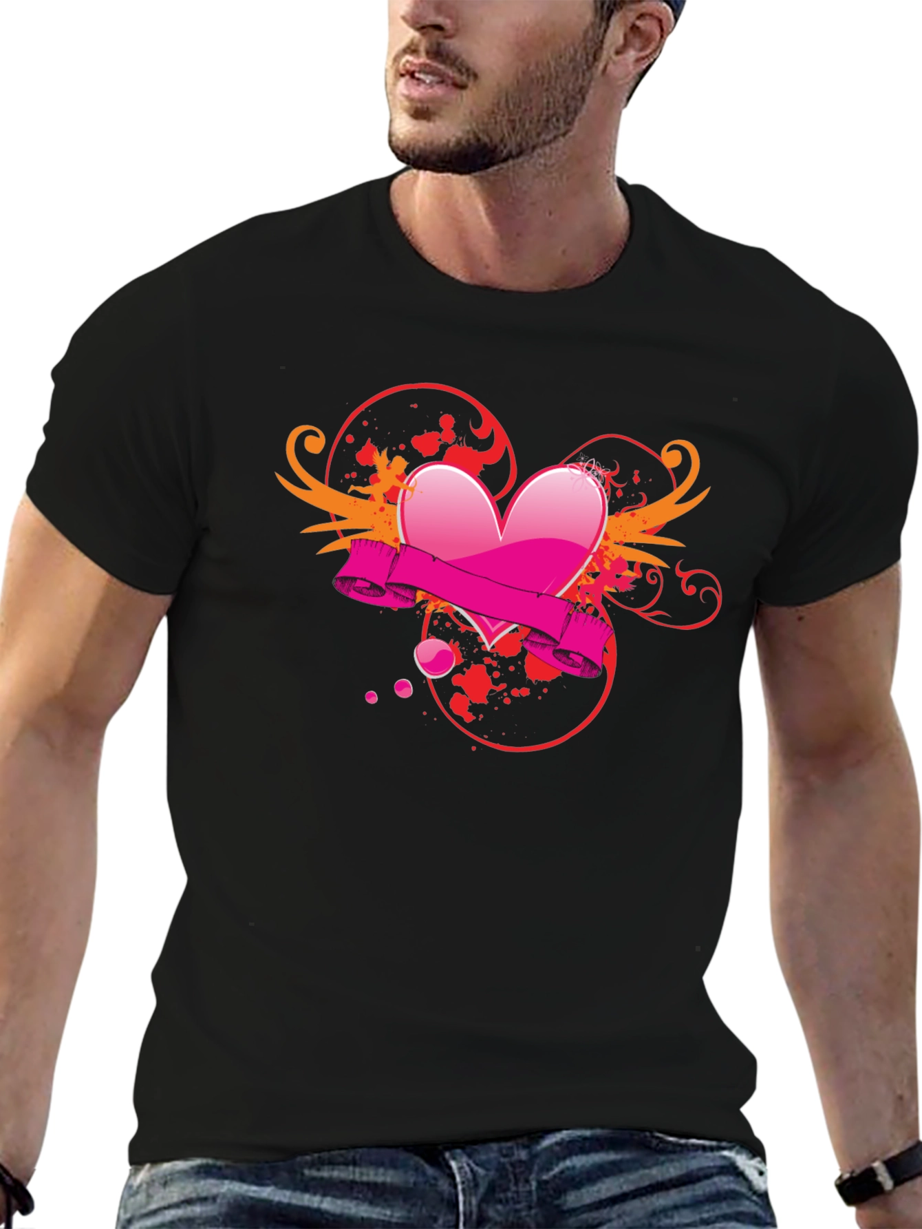 Black T-Shirt with Heart Graphic