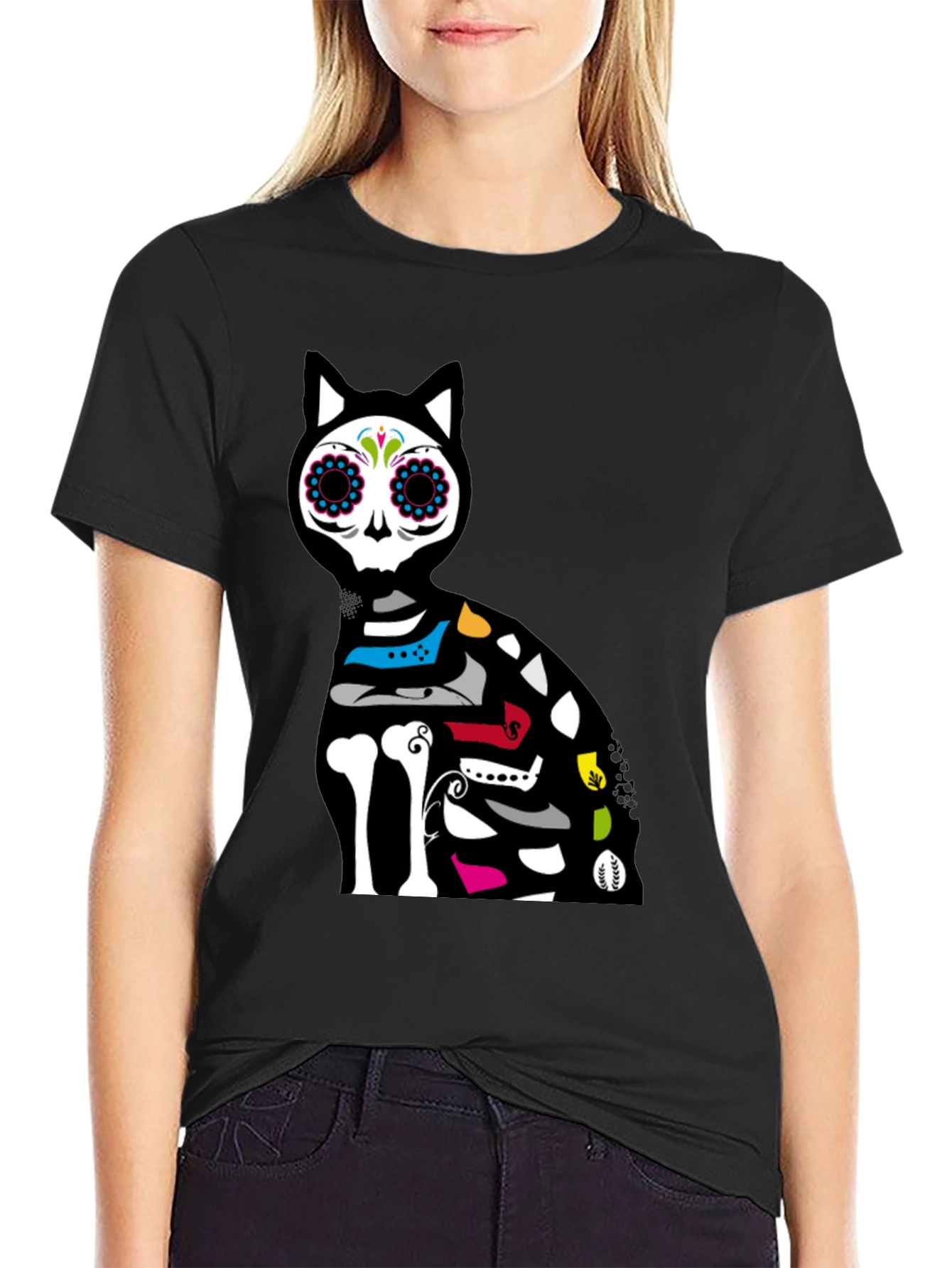 Sugar Skull Cat Graphic T-Shirt