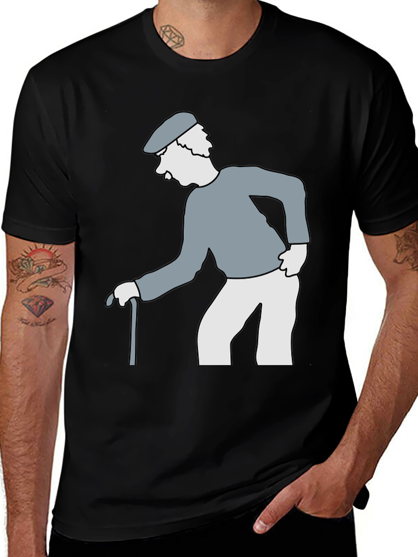 Cartoon Grandpa on Black T-Shirt
