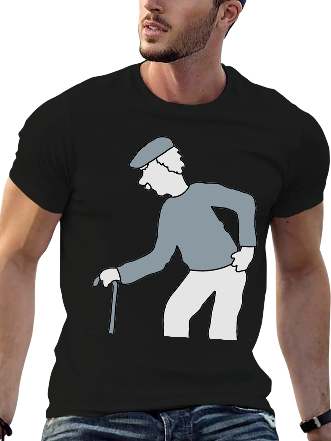 Cartoon Grandpa on Black T-Shirt