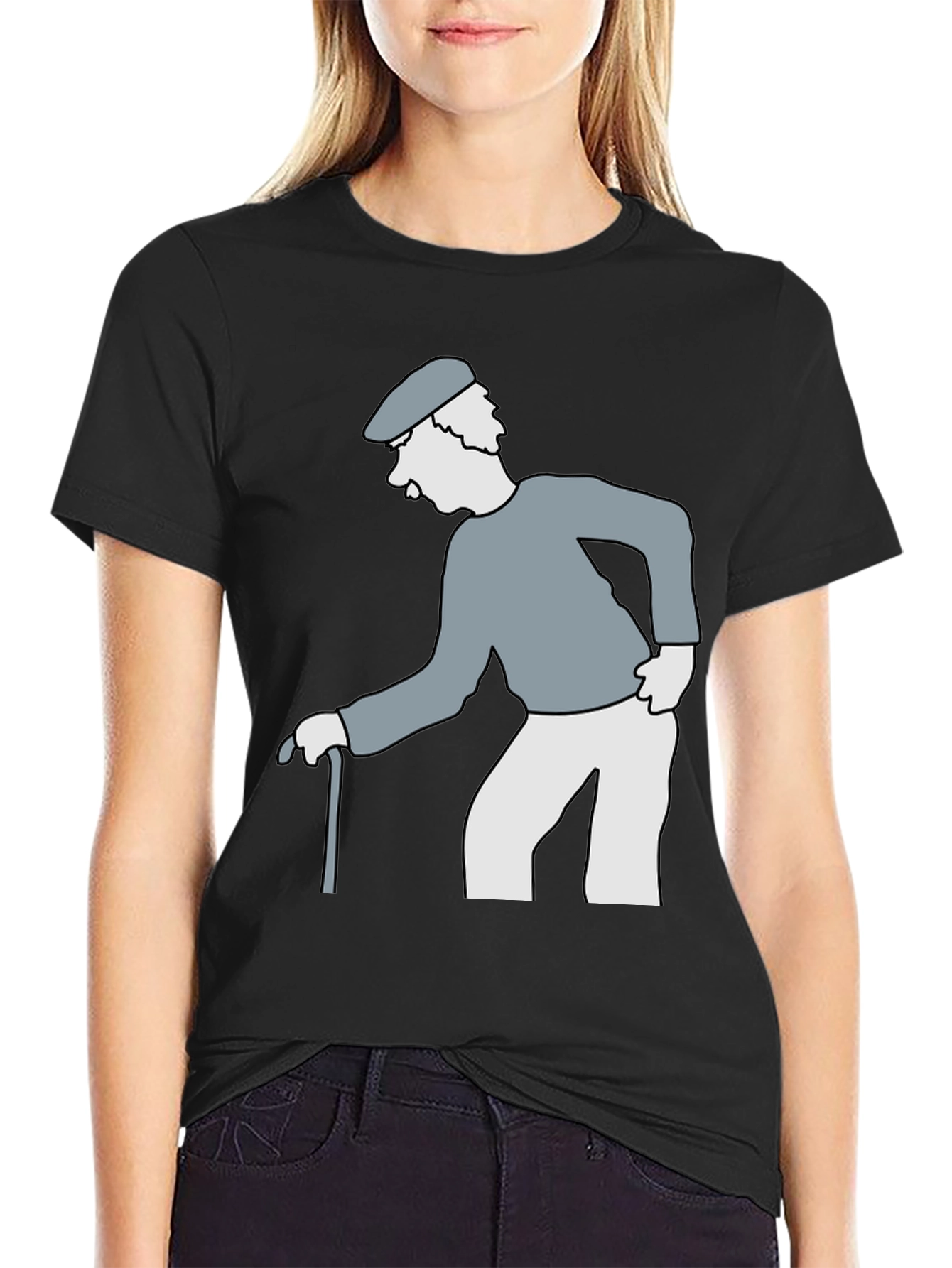 Cartoon Grandpa on Black T-Shirt