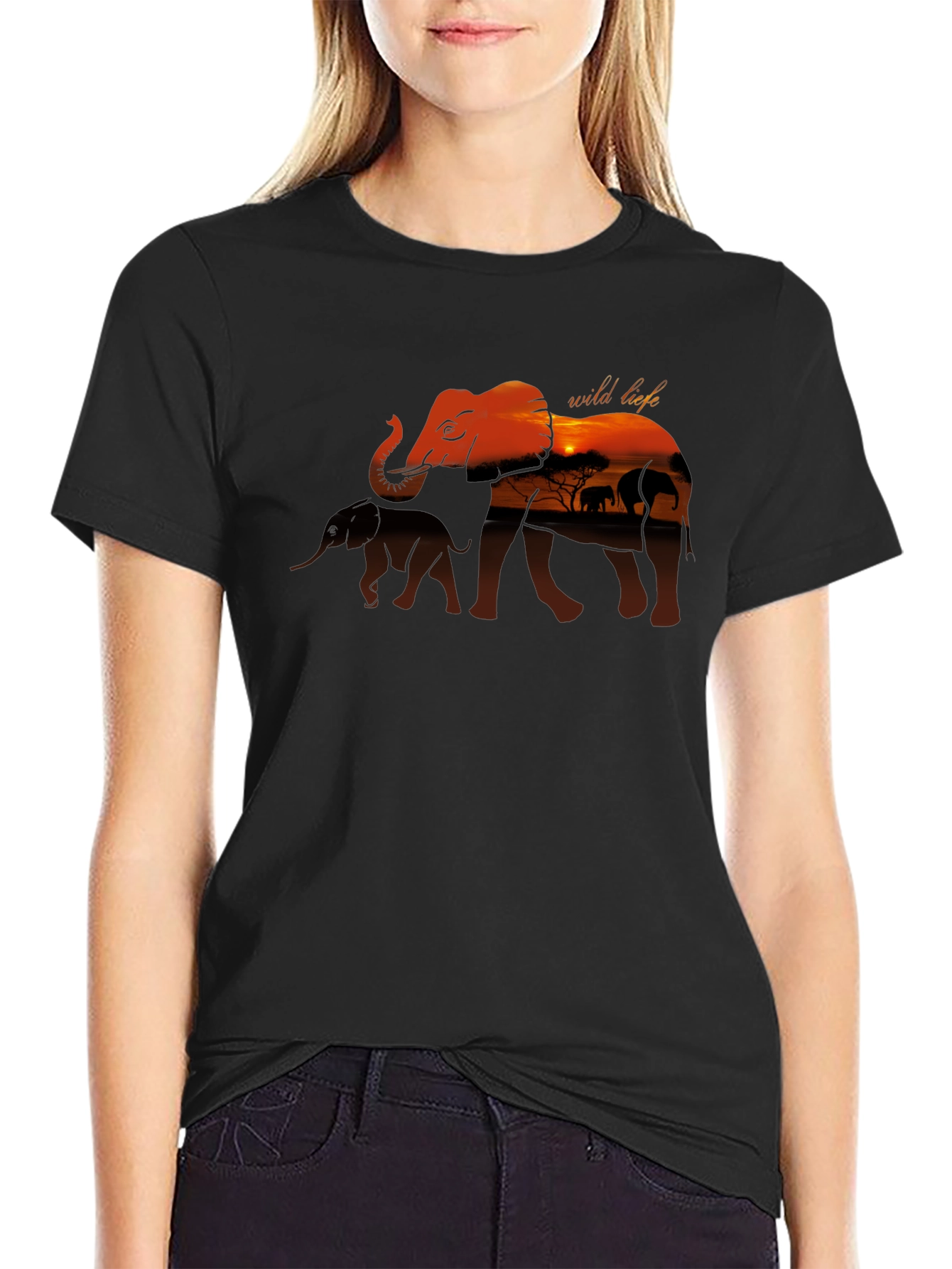 Wild Life Sunset Elephant Graphic T-Shirt